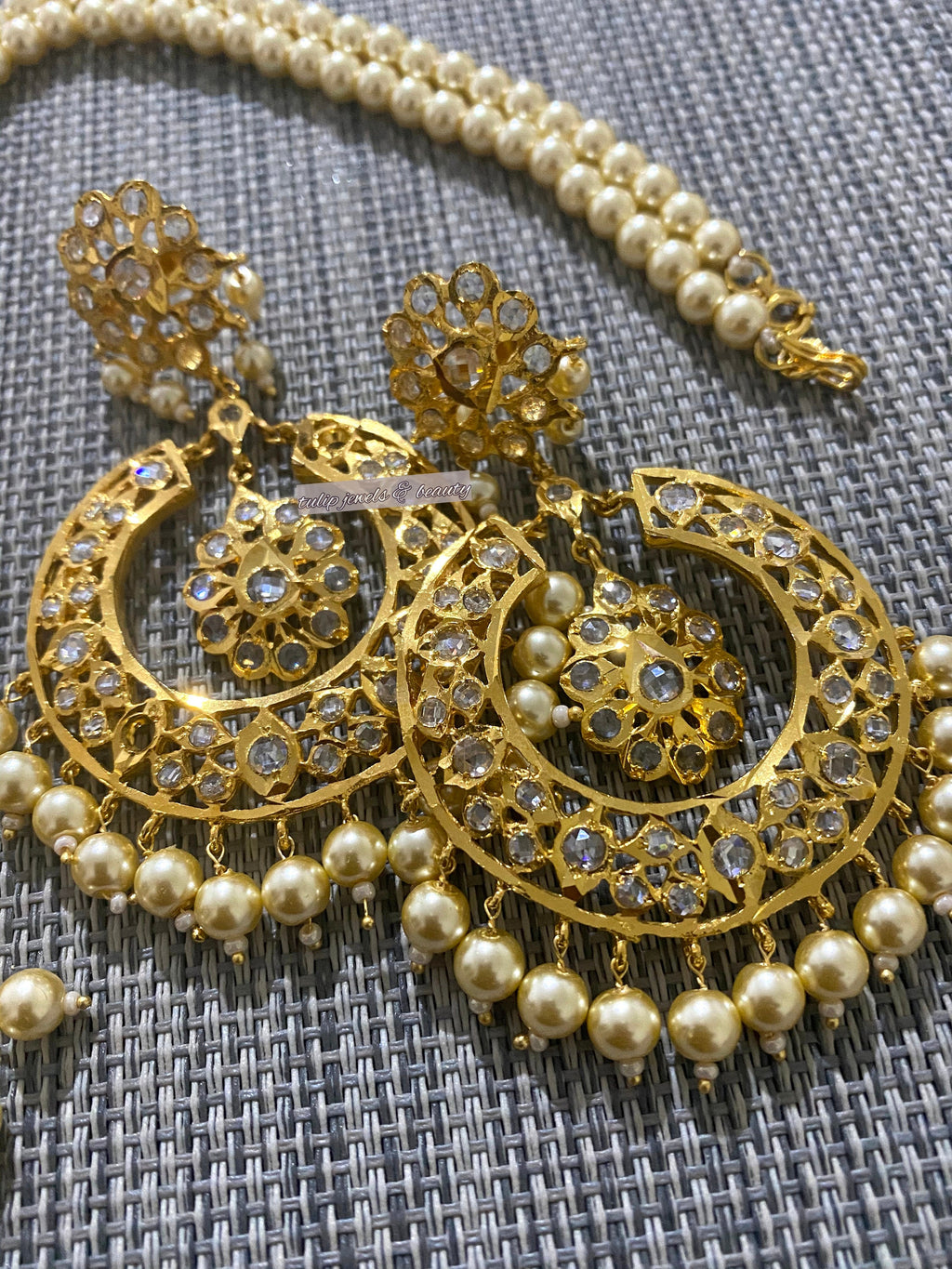 24ct Gold Plated Chandballi Set: Indian Polki Pendant Earrings