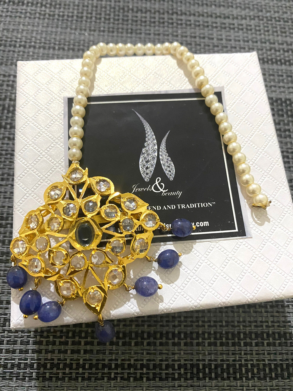 Handmade 22ct Gold Plated Hyderabadi Tikka: Blue Jadau Jewelry