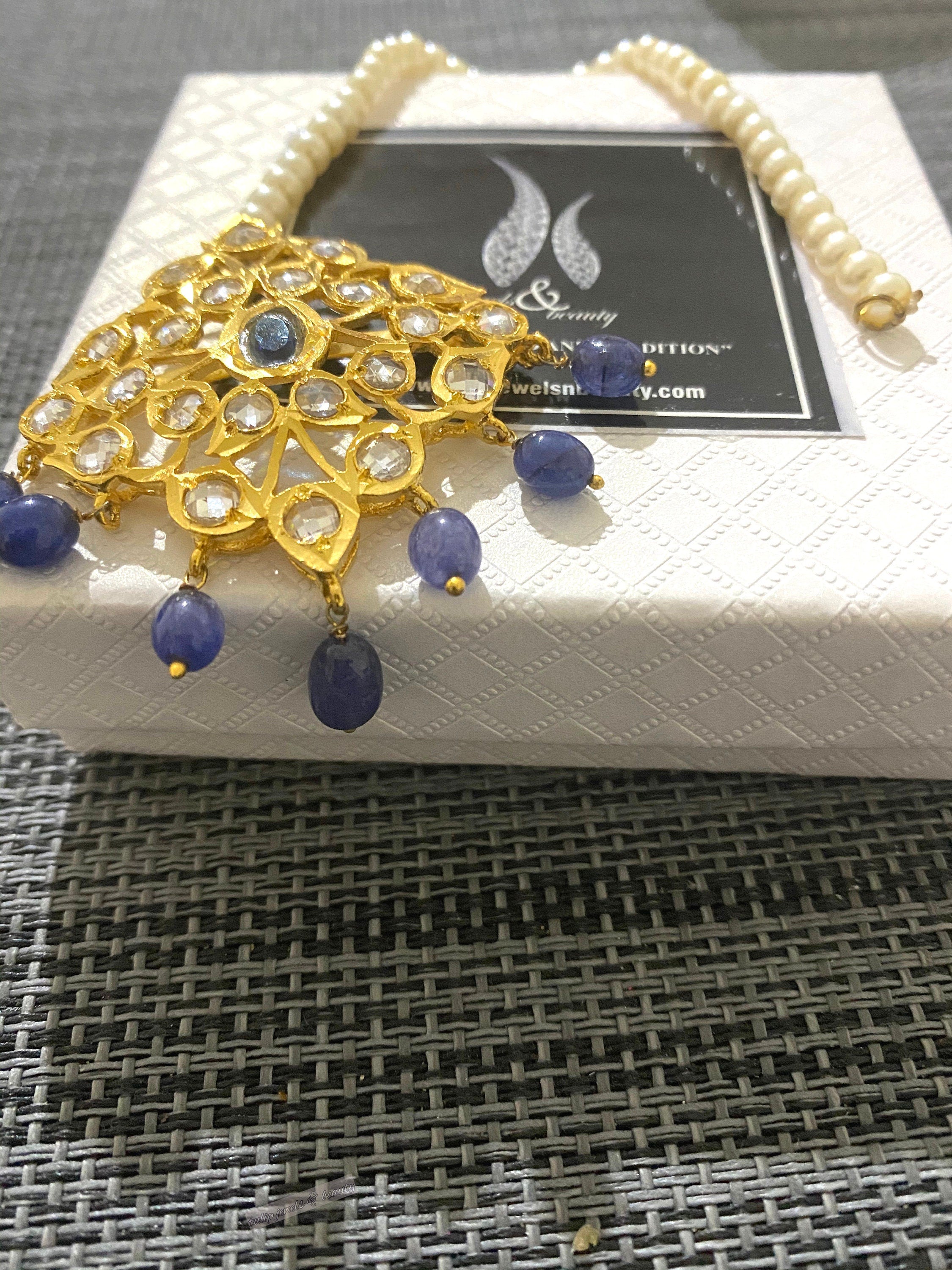Handmade 22ct Gold Plated Hyderabadi Tikka: Blue Jadau Jewelry