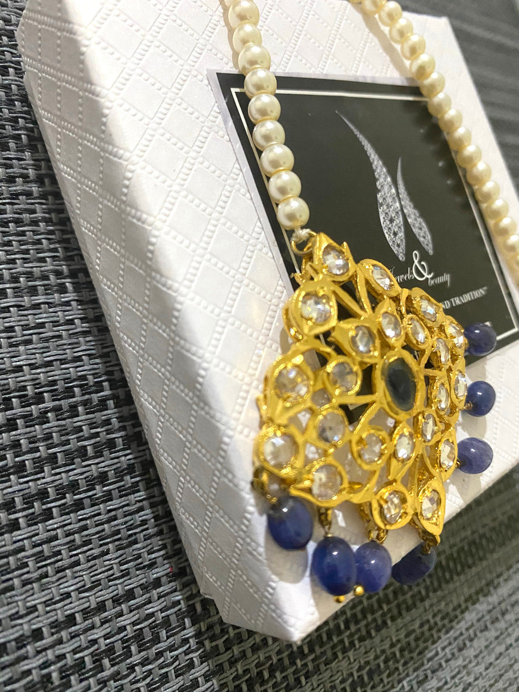 Handmade 22ct Gold Plated Hyderabadi Tikka: Blue Jadau Jewelry