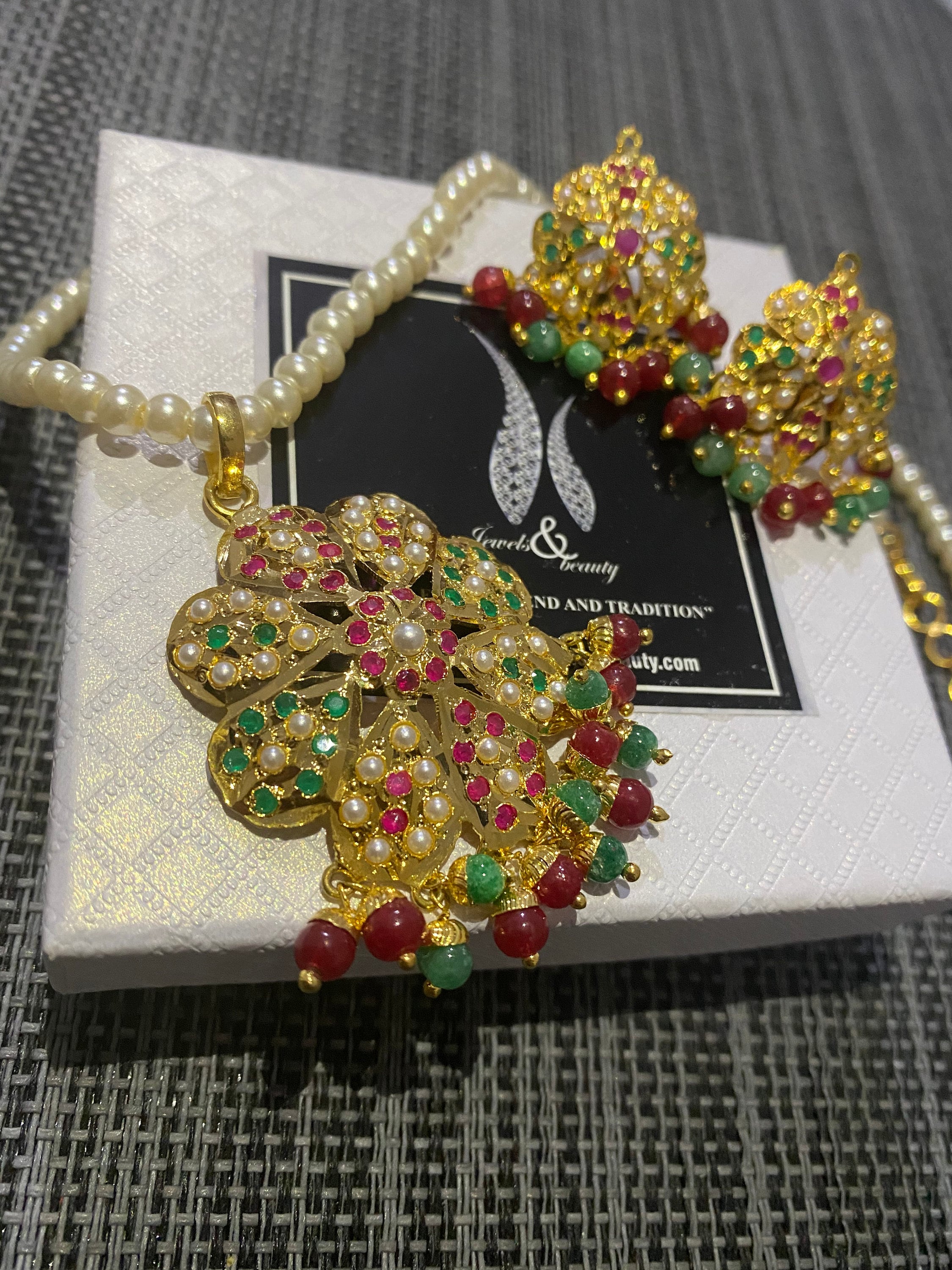Hyderabadi Navratan Pendant Necklace Set: Gold Plated Indian Jewelry