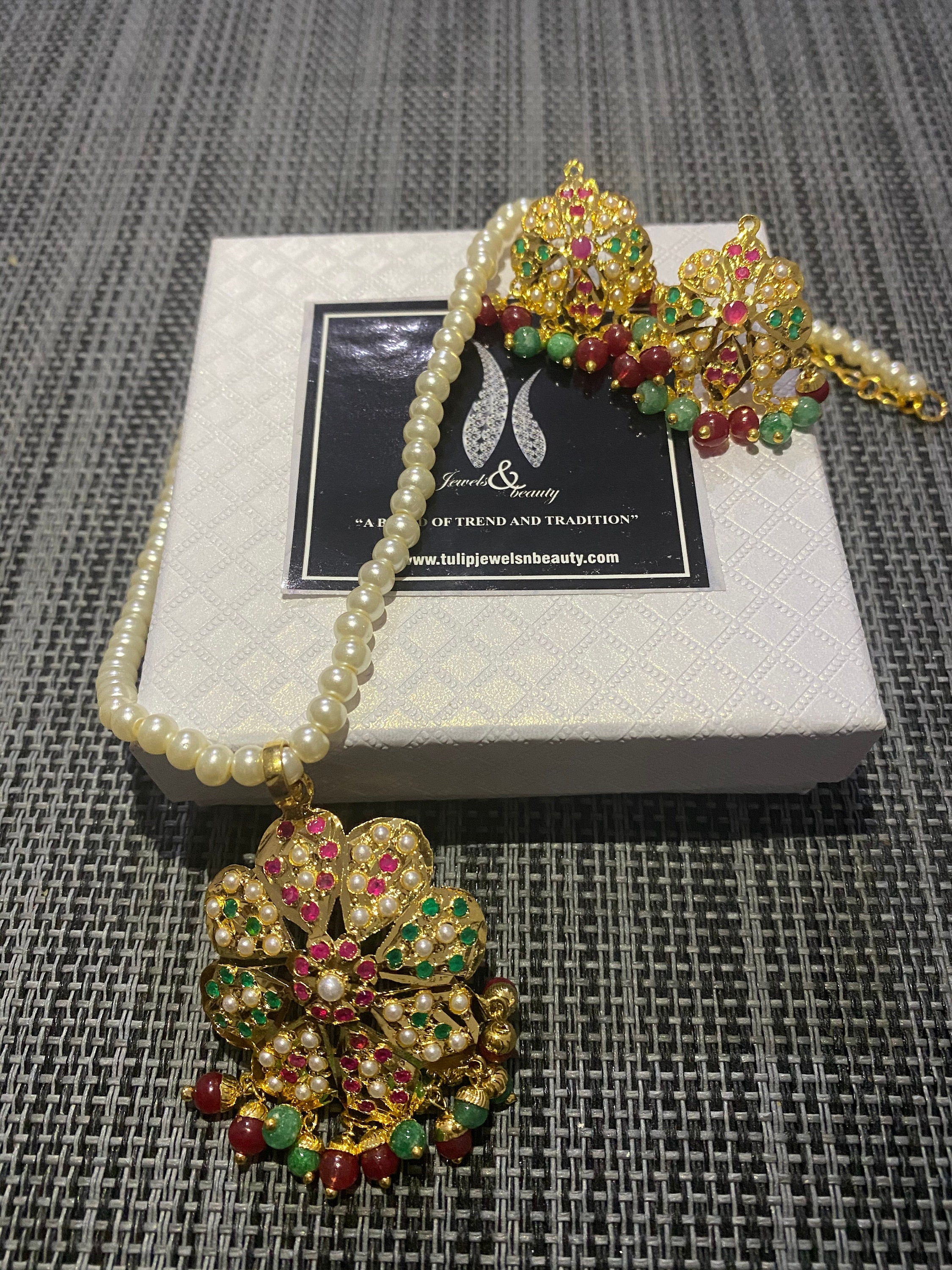 Hyderabadi Navratan Pendant Necklace Set: Gold Plated Indian Jewelry