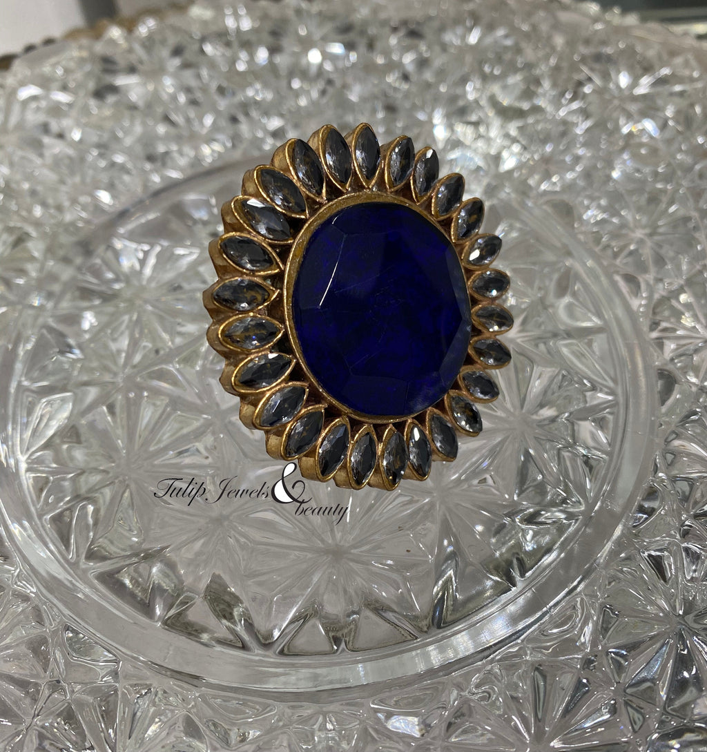Oversize Blue Stone Ring: Gold Plated Indian Wedding Jewelry