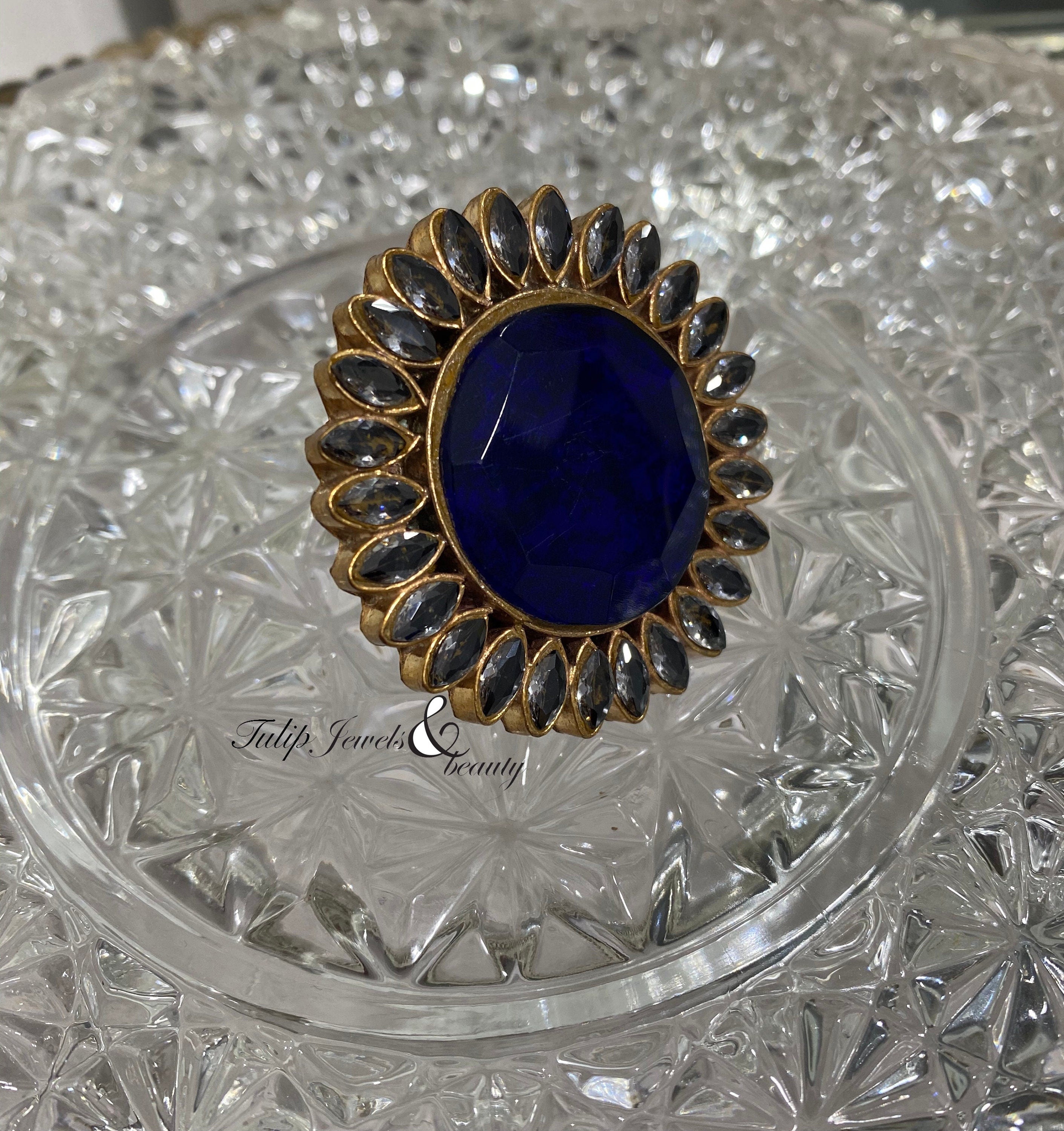 Oversize Blue Stone Ring: Gold Plated Indian Wedding Jewelry