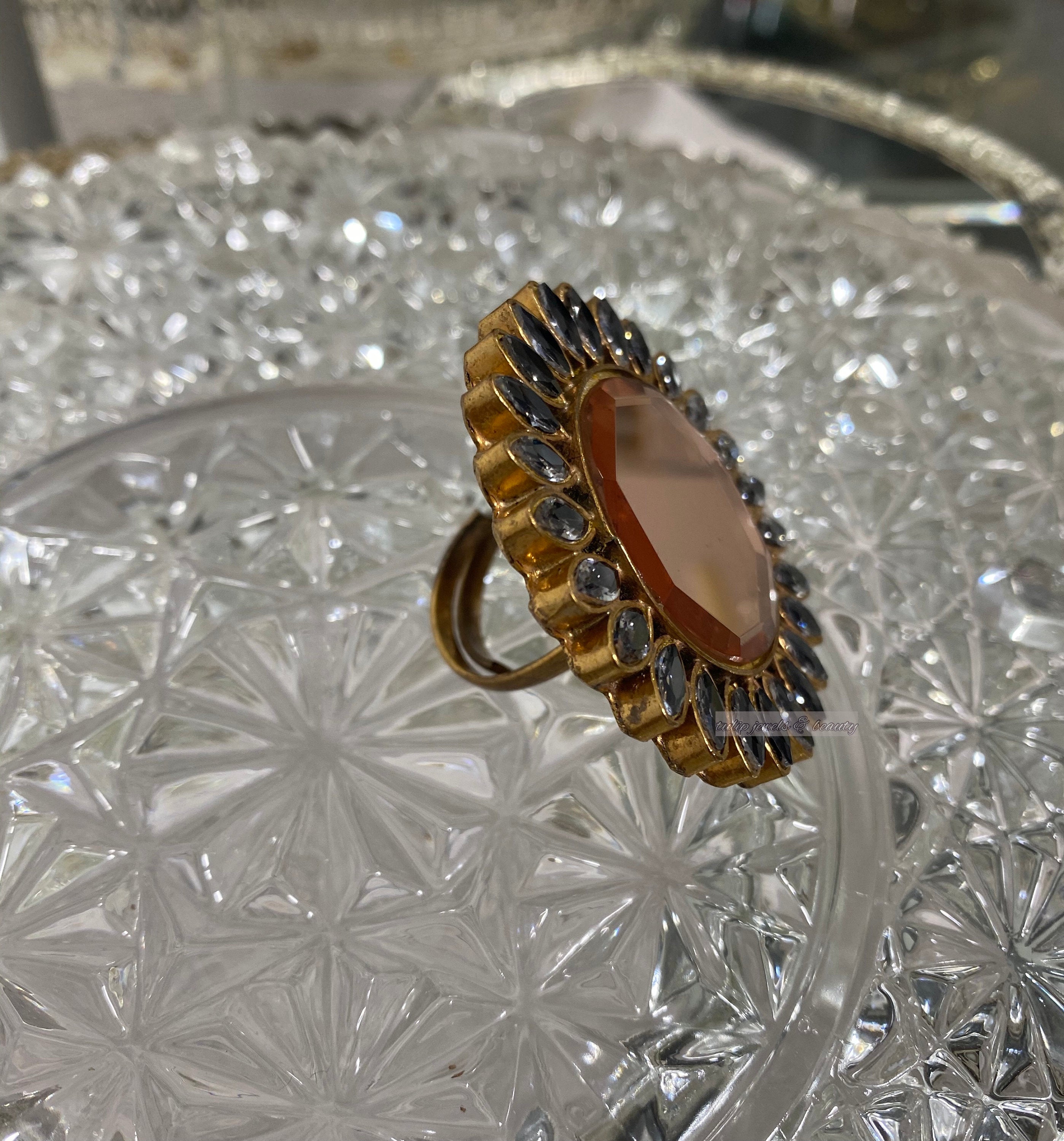 Oversize Blue Stone Ring: Gold Plated Indian Wedding Jewelry