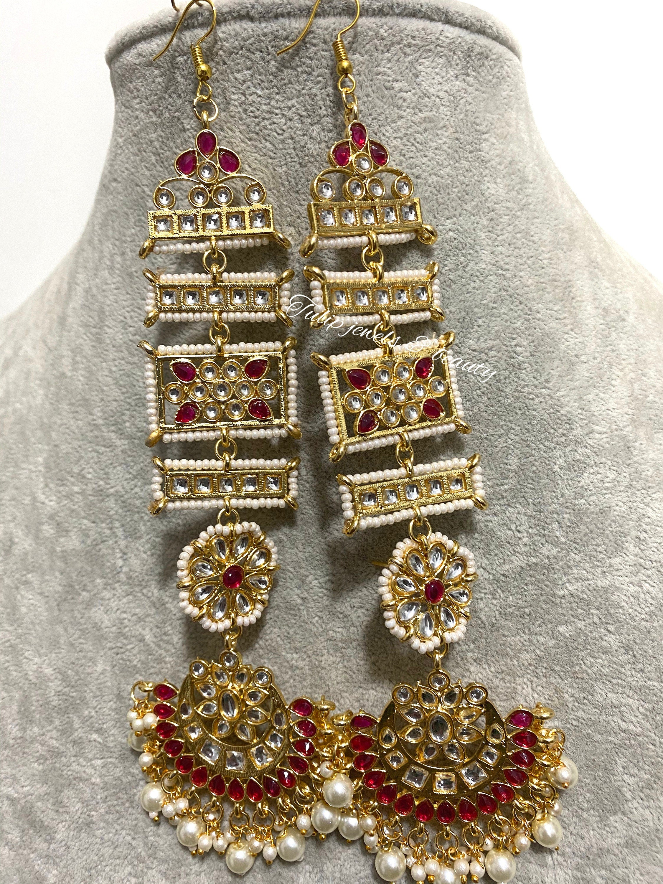Kundan Indian Earrings with Ear Strings: Bespoke Jewelry