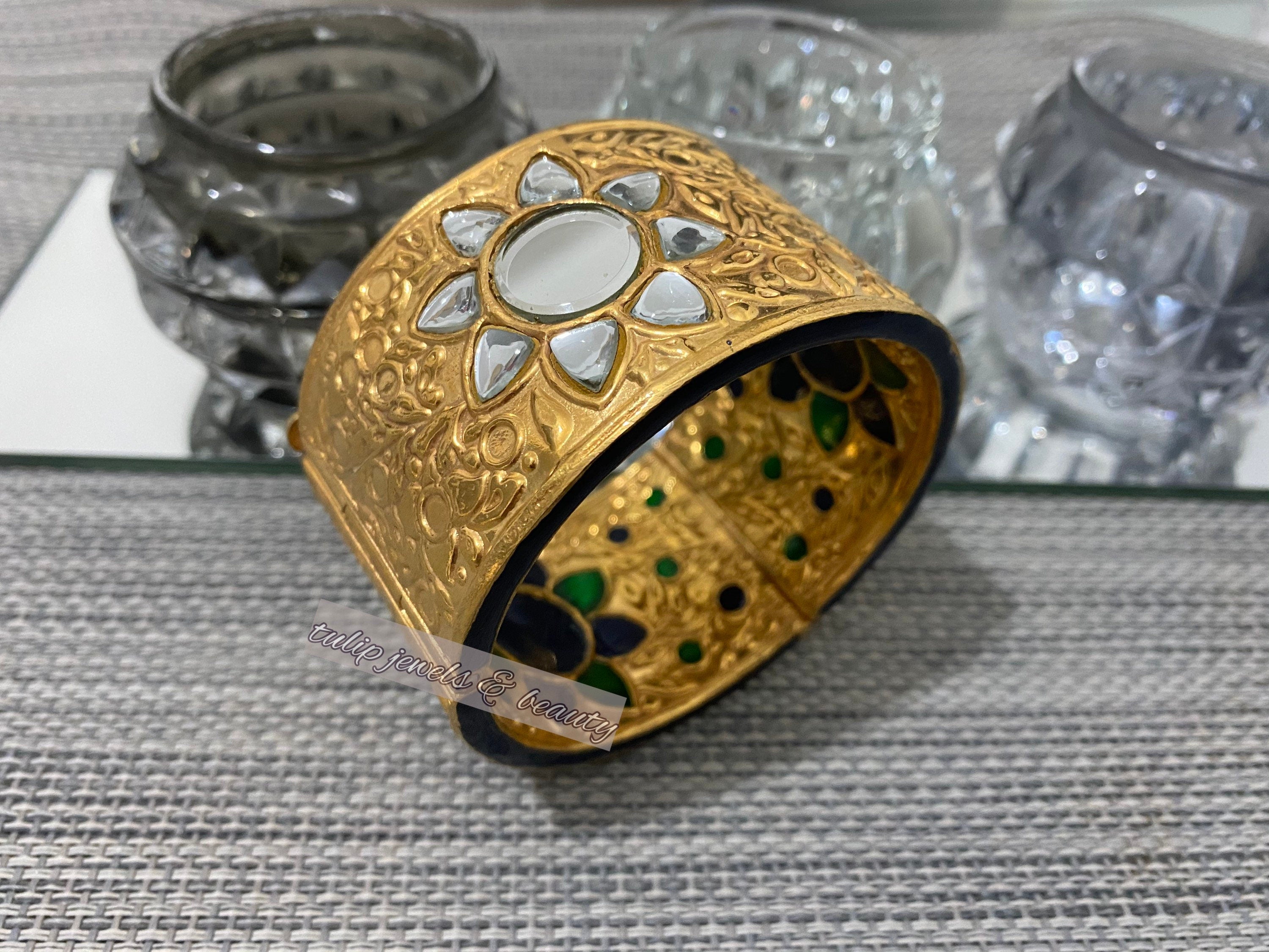 22k Gold Plated Kundan Bangle: Indian Bridal Jewelry