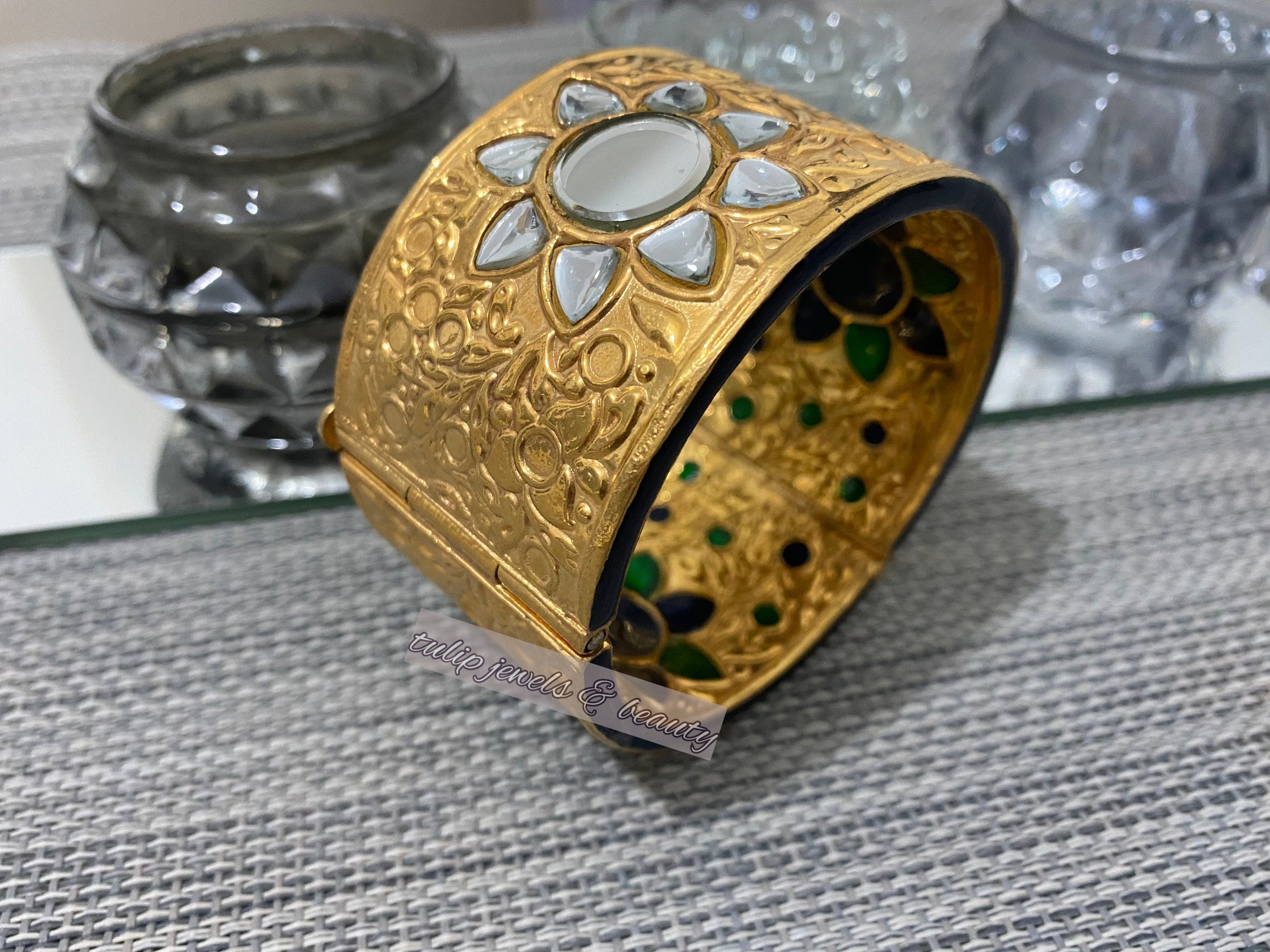 22k Gold Plated Kundan Bangle: Indian Bridal Jewelry