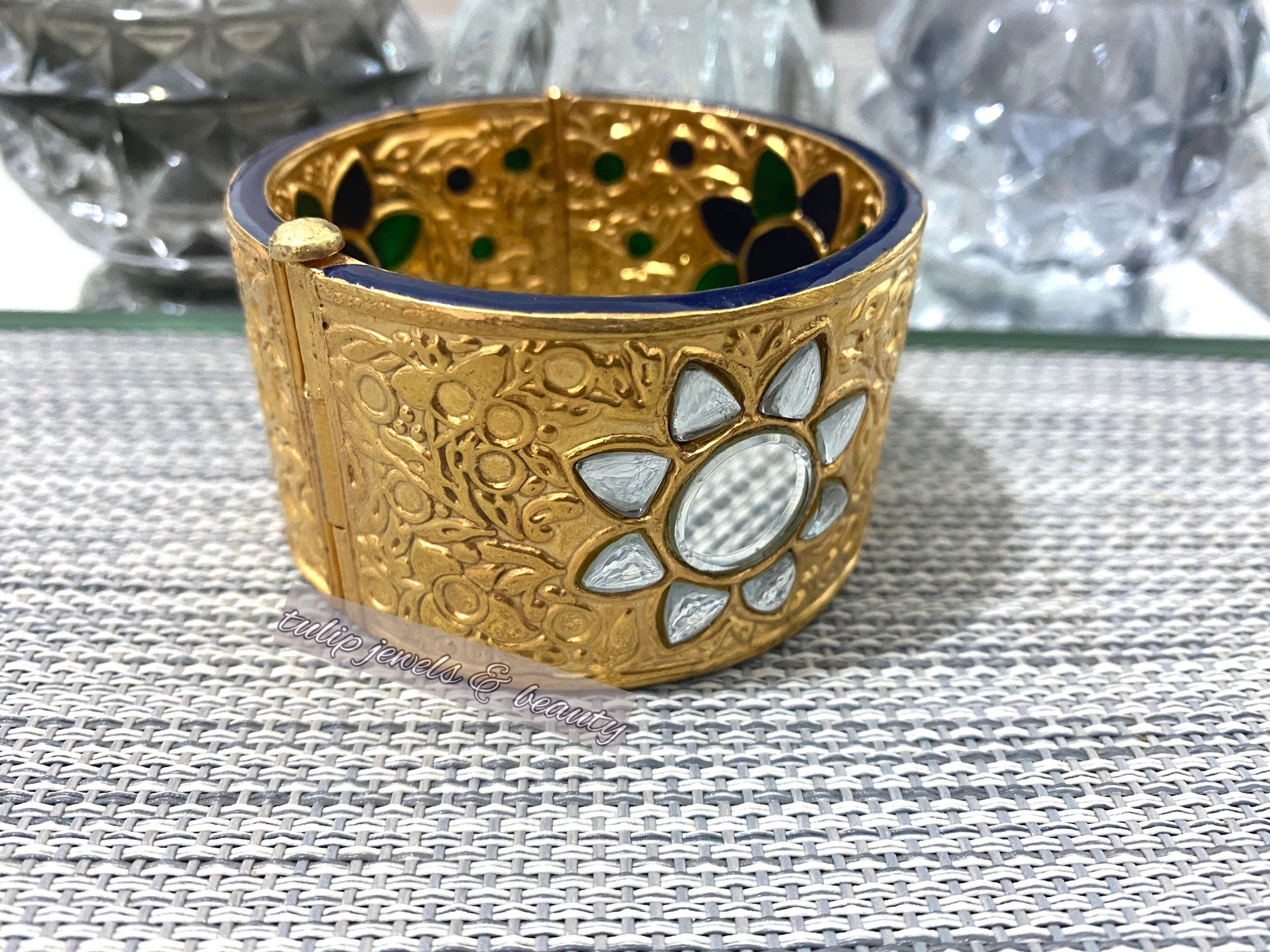 22k Gold Plated Kundan Bangle: Indian Bridal Jewelry