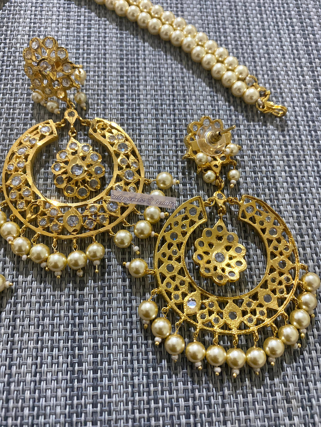24ct Gold Plated Chandballi Set: Indian Polki Pendant Earrings