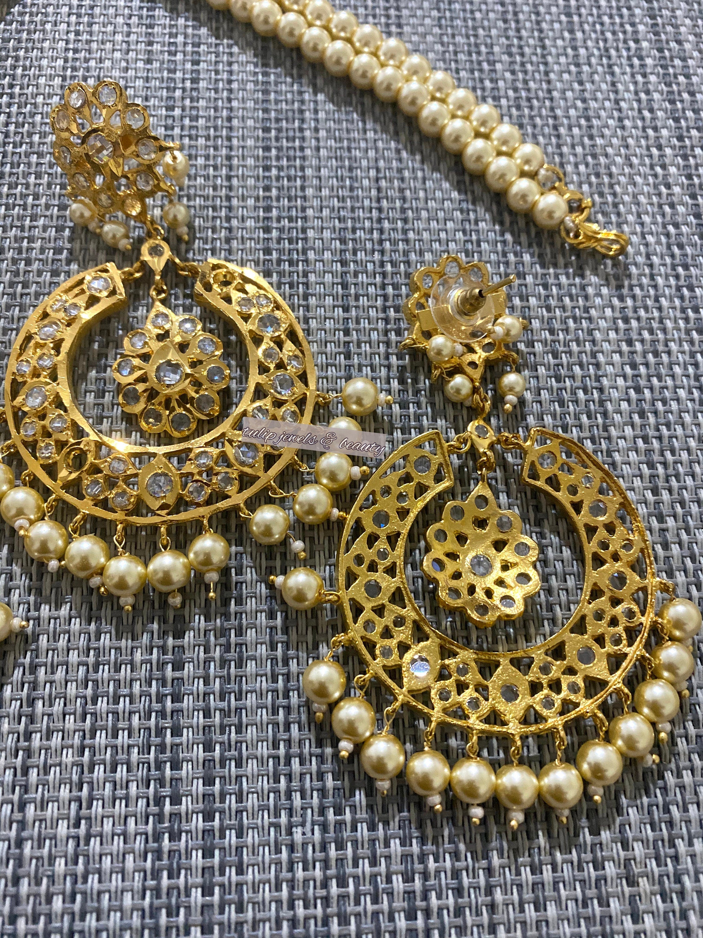 24ct Gold Plated Chandballi Set: Indian Polki Pendant Earrings