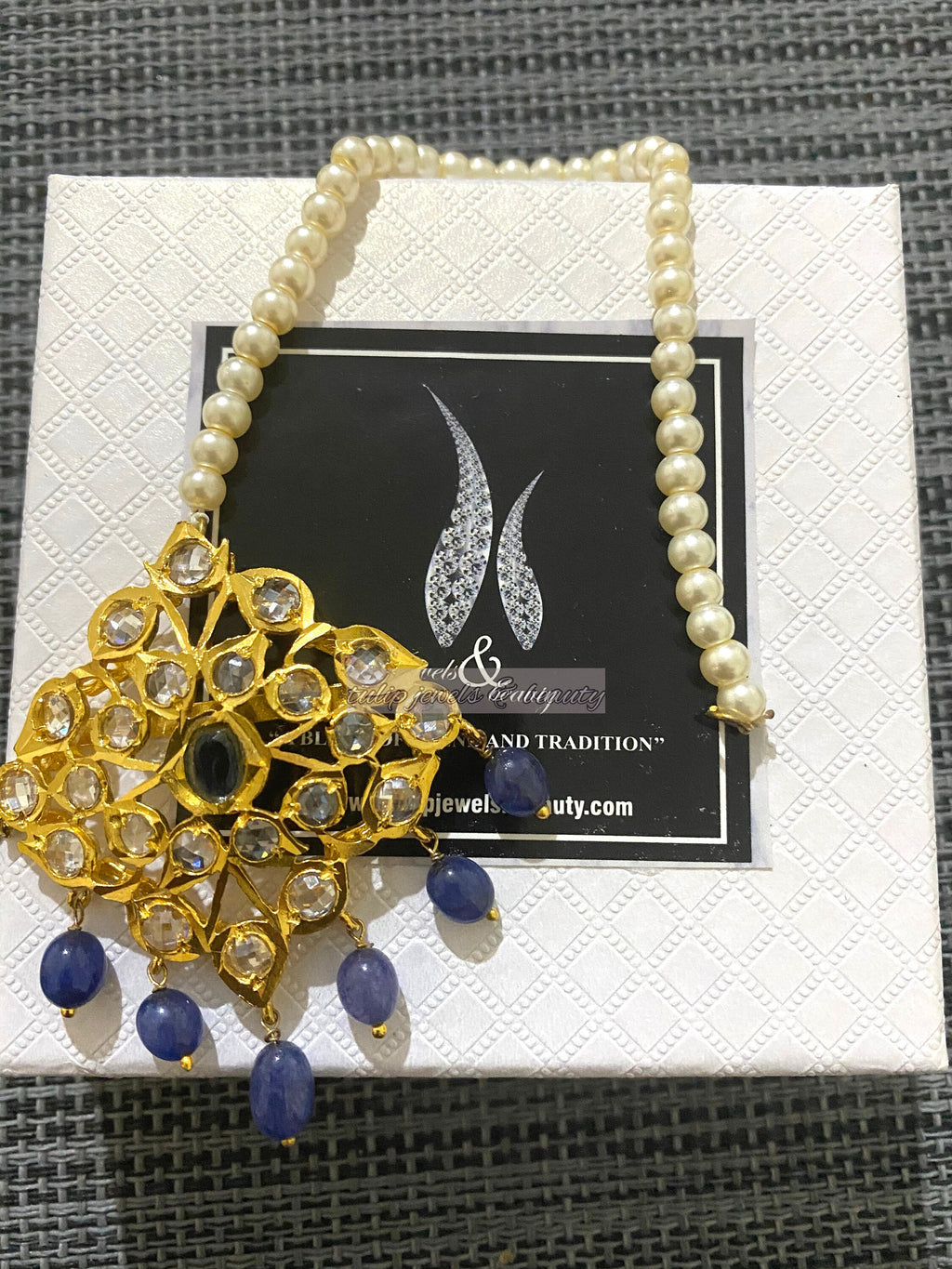 Handmade 22ct Gold Plated Hyderabadi Tikka: Blue Jadau Jewelry