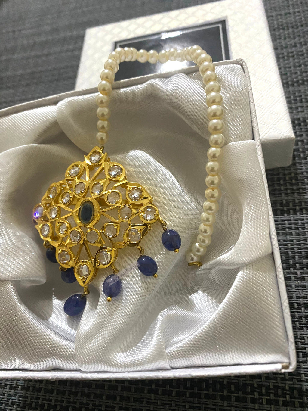 Handmade 22ct Gold Plated Hyderabadi Tikka: Blue Jadau Jewelry