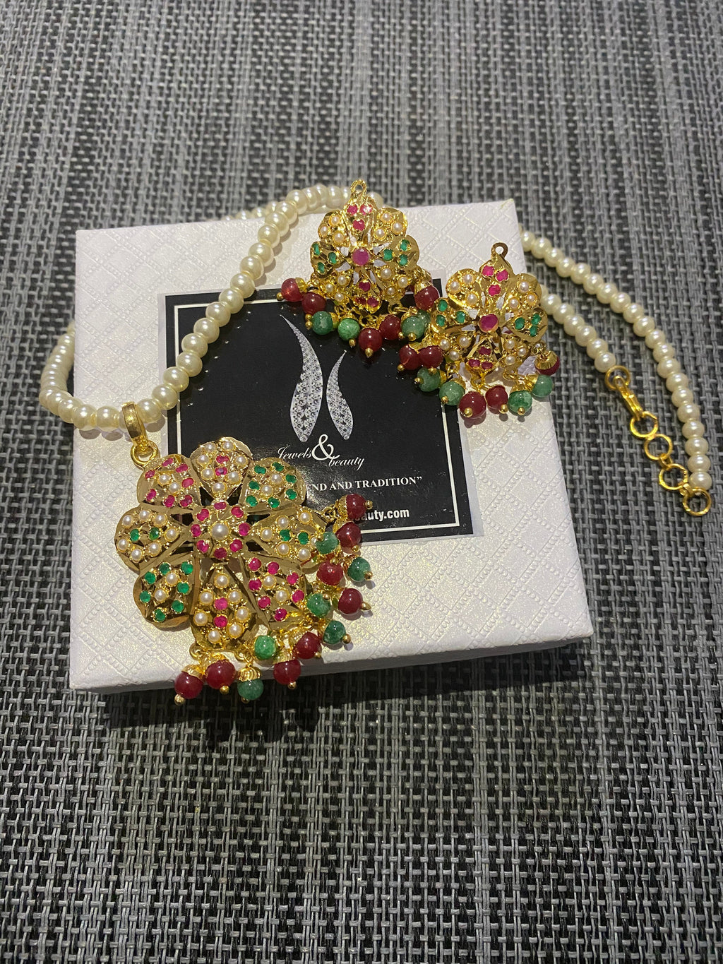Hyderabadi Navratan Pendant Necklace Set: Gold Plated Indian Jewelry
