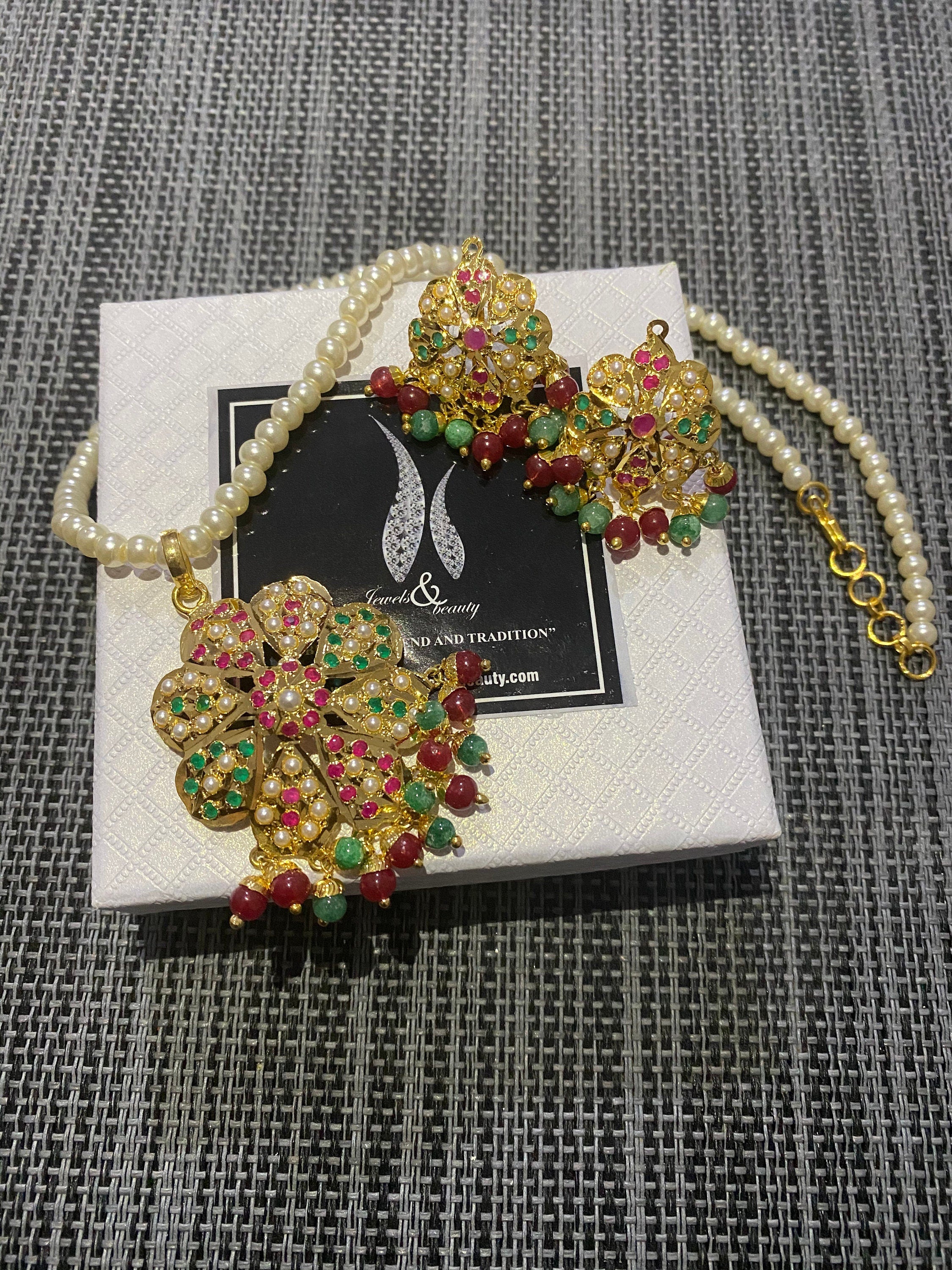 Hyderabadi Navratan Pendant Necklace Set: Gold Plated Indian Jewelry