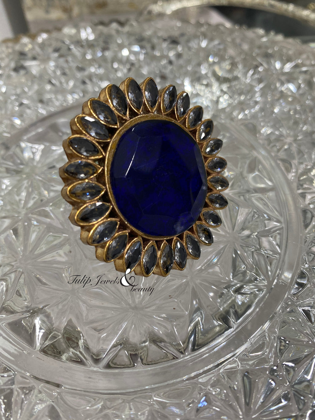 Oversize Blue Stone Ring: Gold Plated Indian Wedding Jewelry