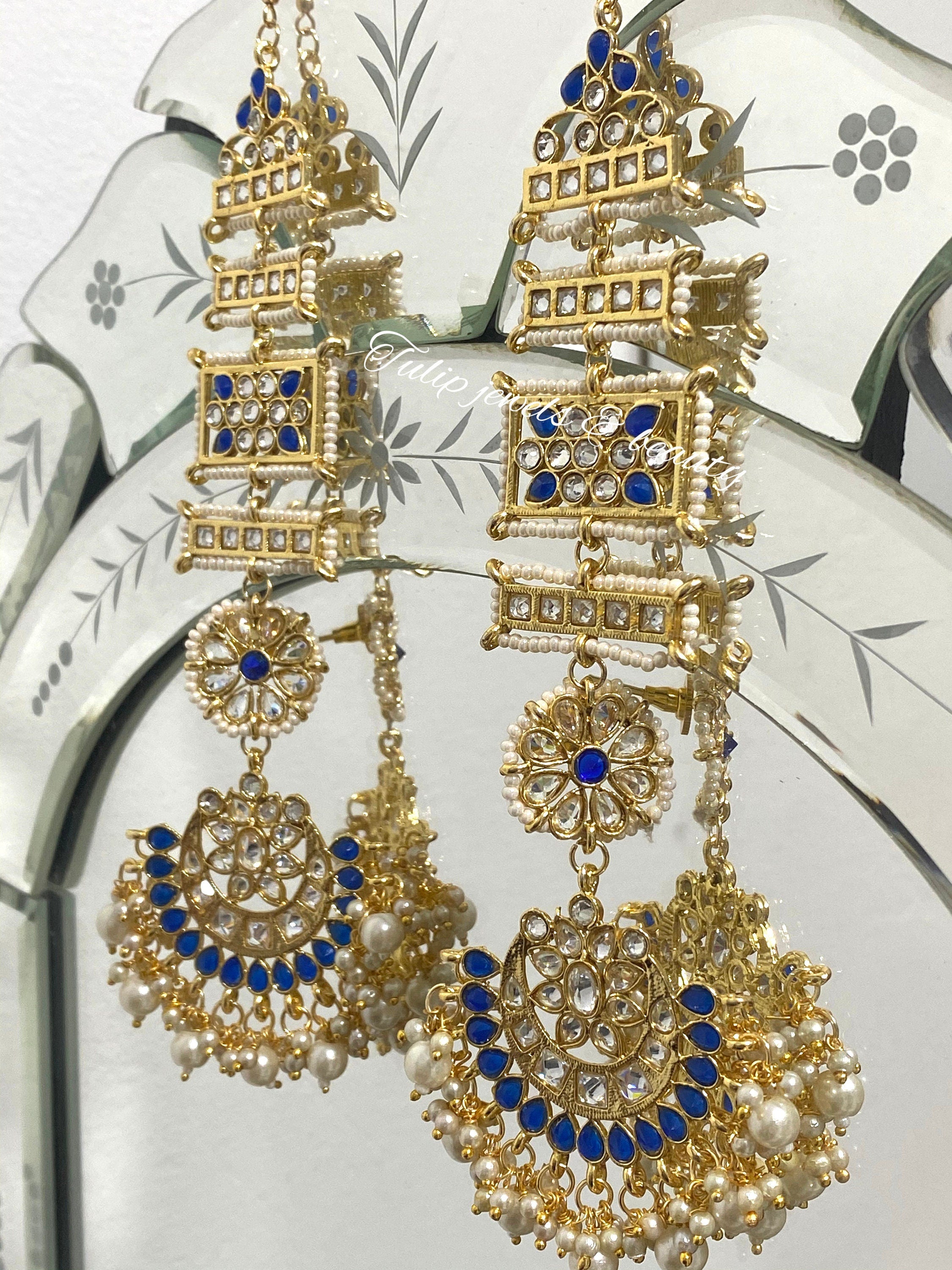 Kundan Indian Earrings with Ear Strings: Bespoke Jewelry