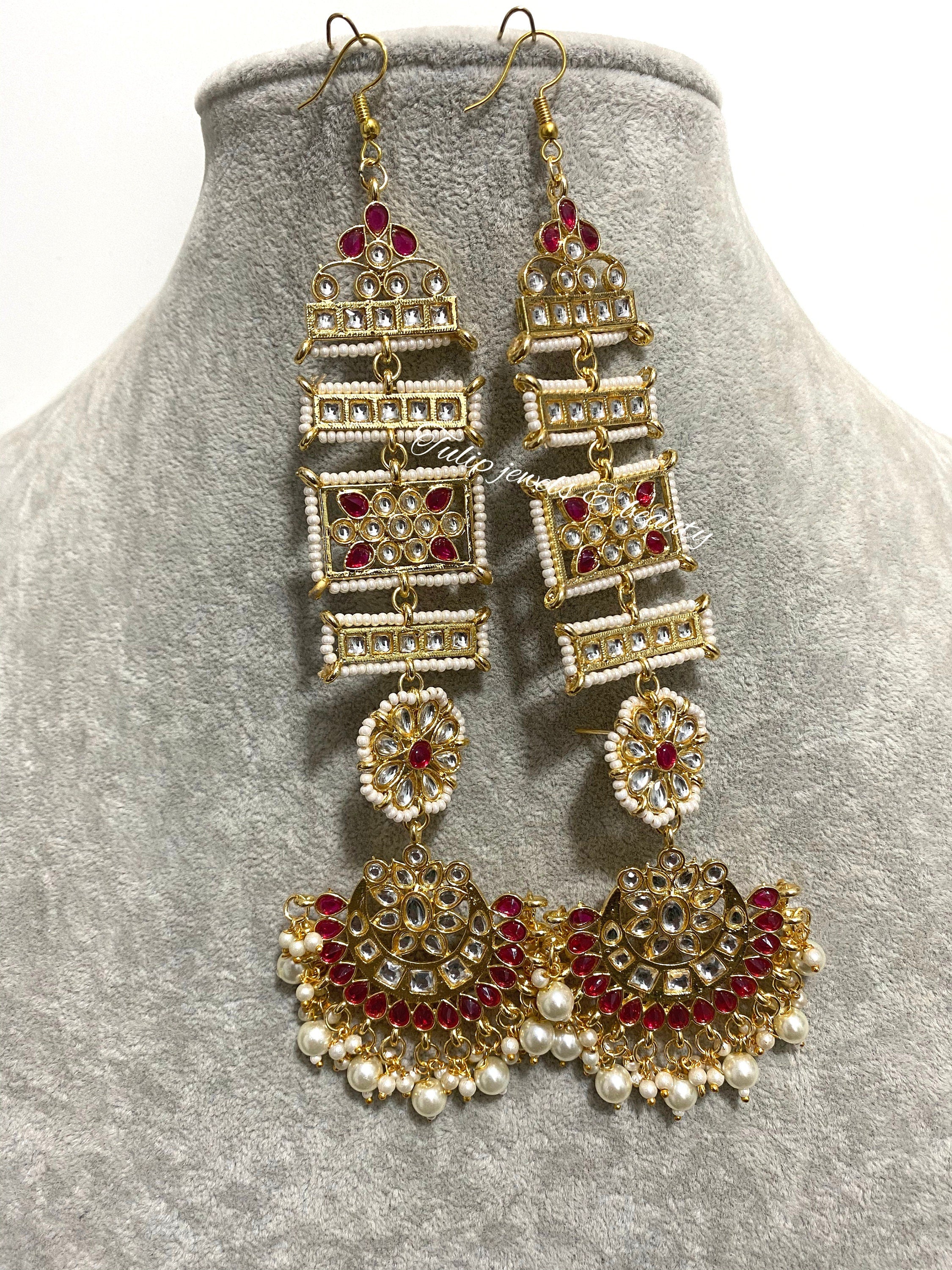Kundan Indian Earrings with Ear Strings: Bespoke Jewelry