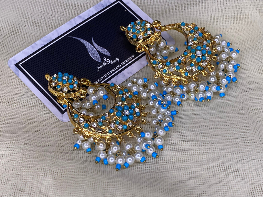 Hyderabadi Chandbali Earrings: Gold Plated Turquoise & Pearl Indian Jewelry