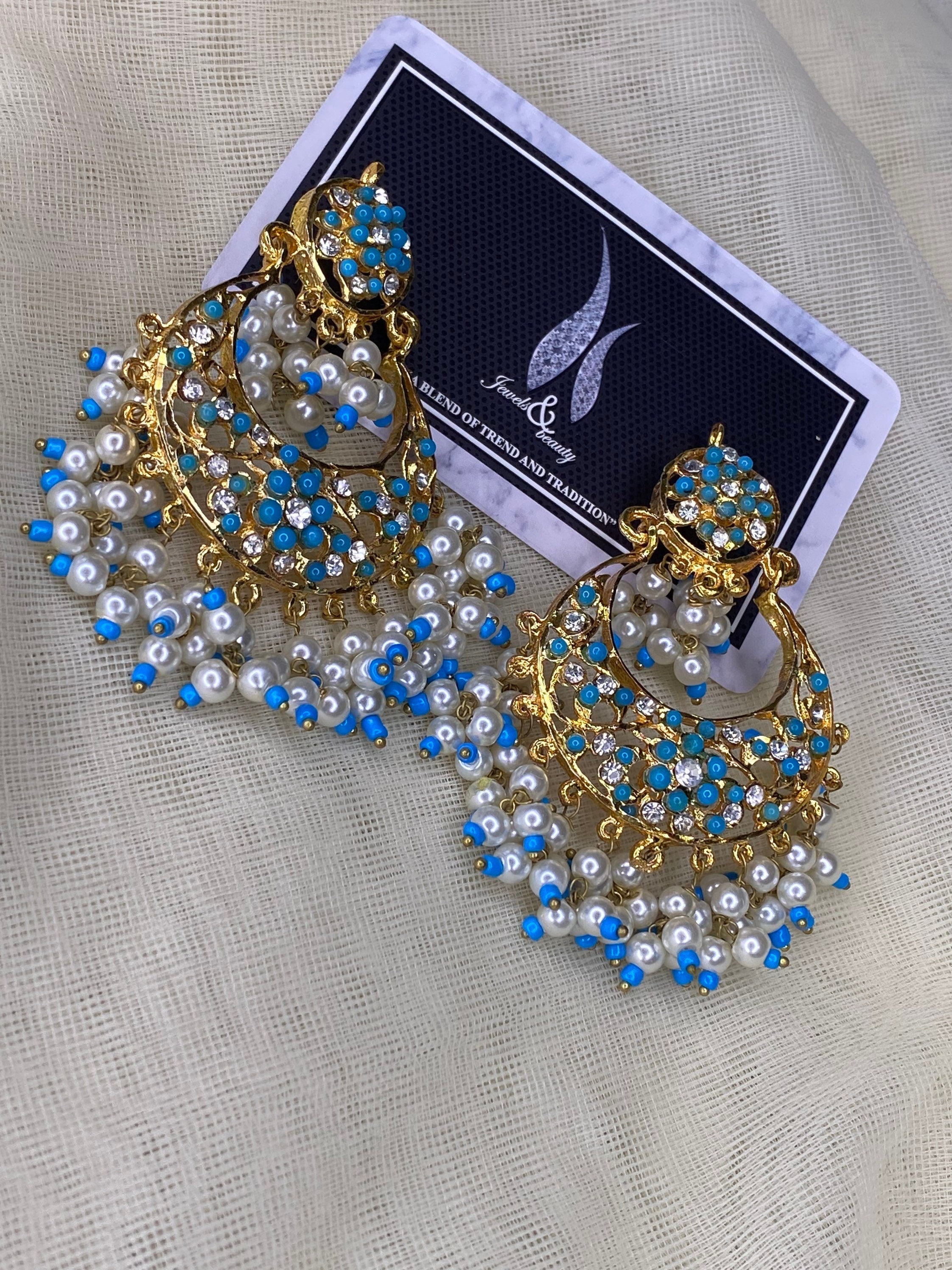 Hyderabadi Chandbali Earrings: Gold Plated Turquoise & Pearl Indian Jewelry