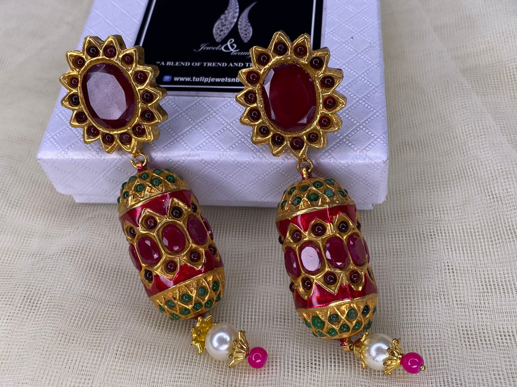 Gift for her / women christmas gift, Gold Plated Thappa Kundan Mala & Earrings Indian Pakistani Jewelry Set / Maroon jewellery