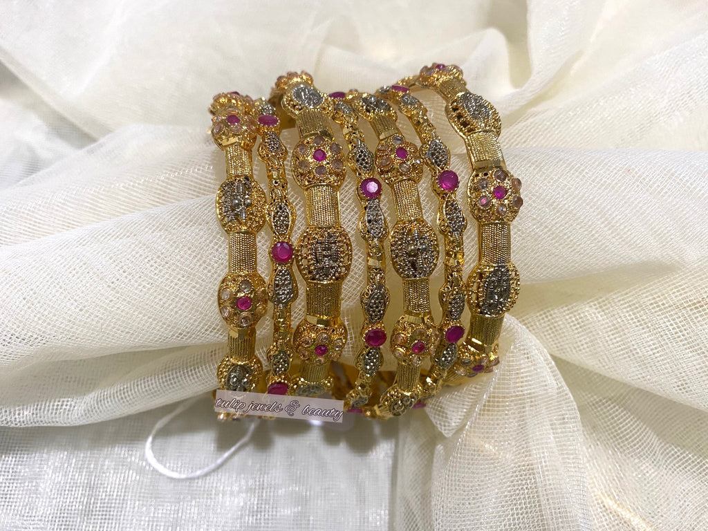 Gold Plated Indian Bangle Set: Ruby & Silver Tone Bollywood Jewelry