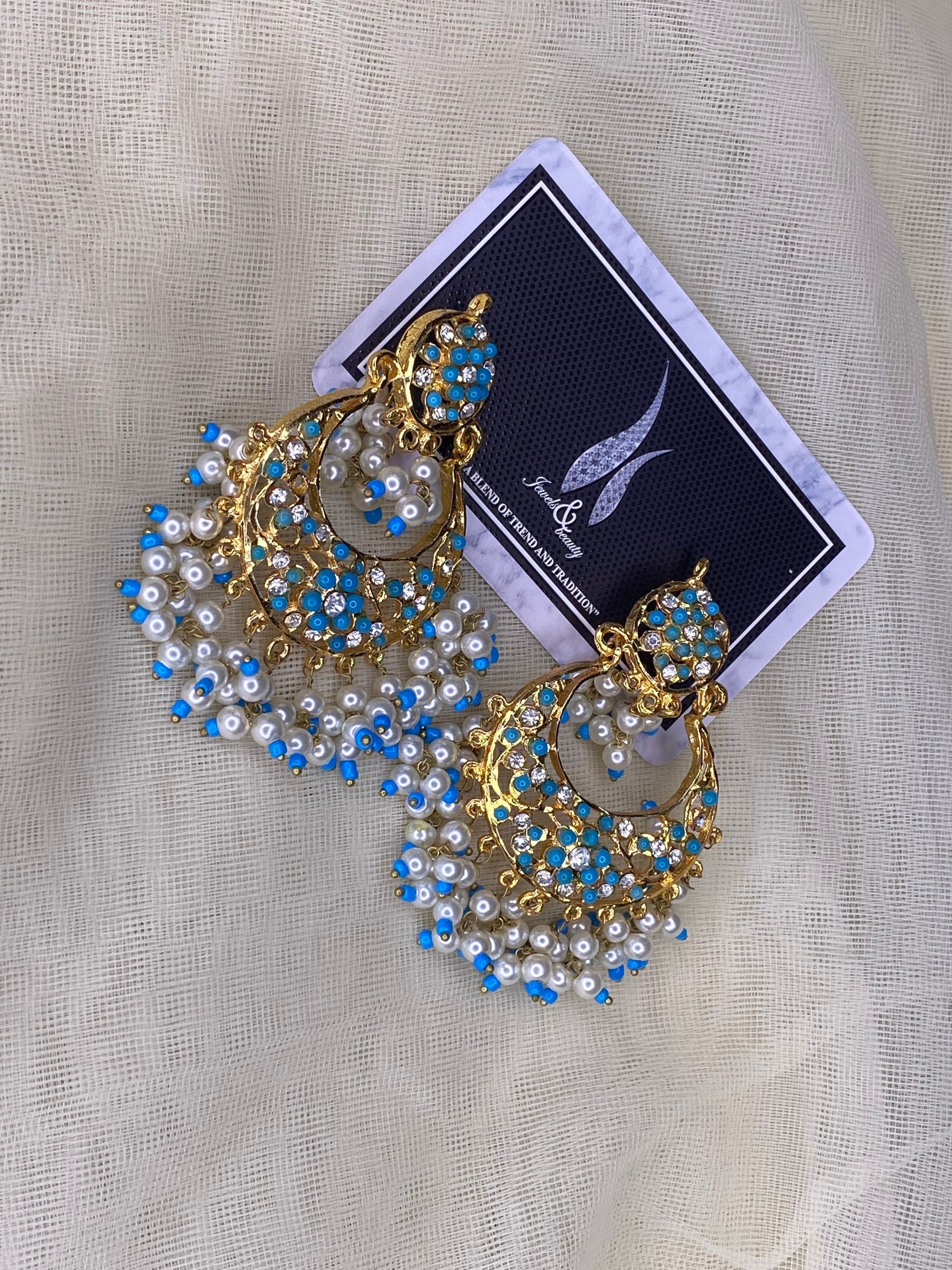 Hyderabadi Chandbali Earrings: Gold Plated Turquoise & Pearl Indian Jewelry