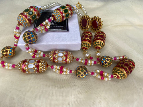 Gift for her / women christmas gift, Gold Plated Thappa Kundan Mala & Earrings Indian Pakistani Jewelry Set / Maroon jewellery
