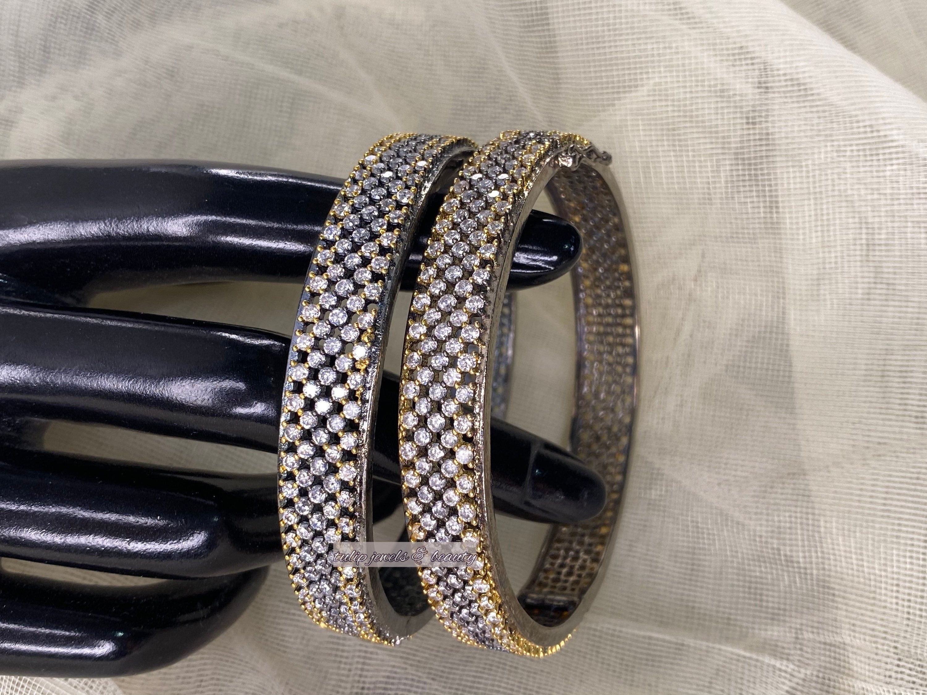 Victorian Style CZ Stone Bangles: Pakistani Indian Jewelry (Pair)