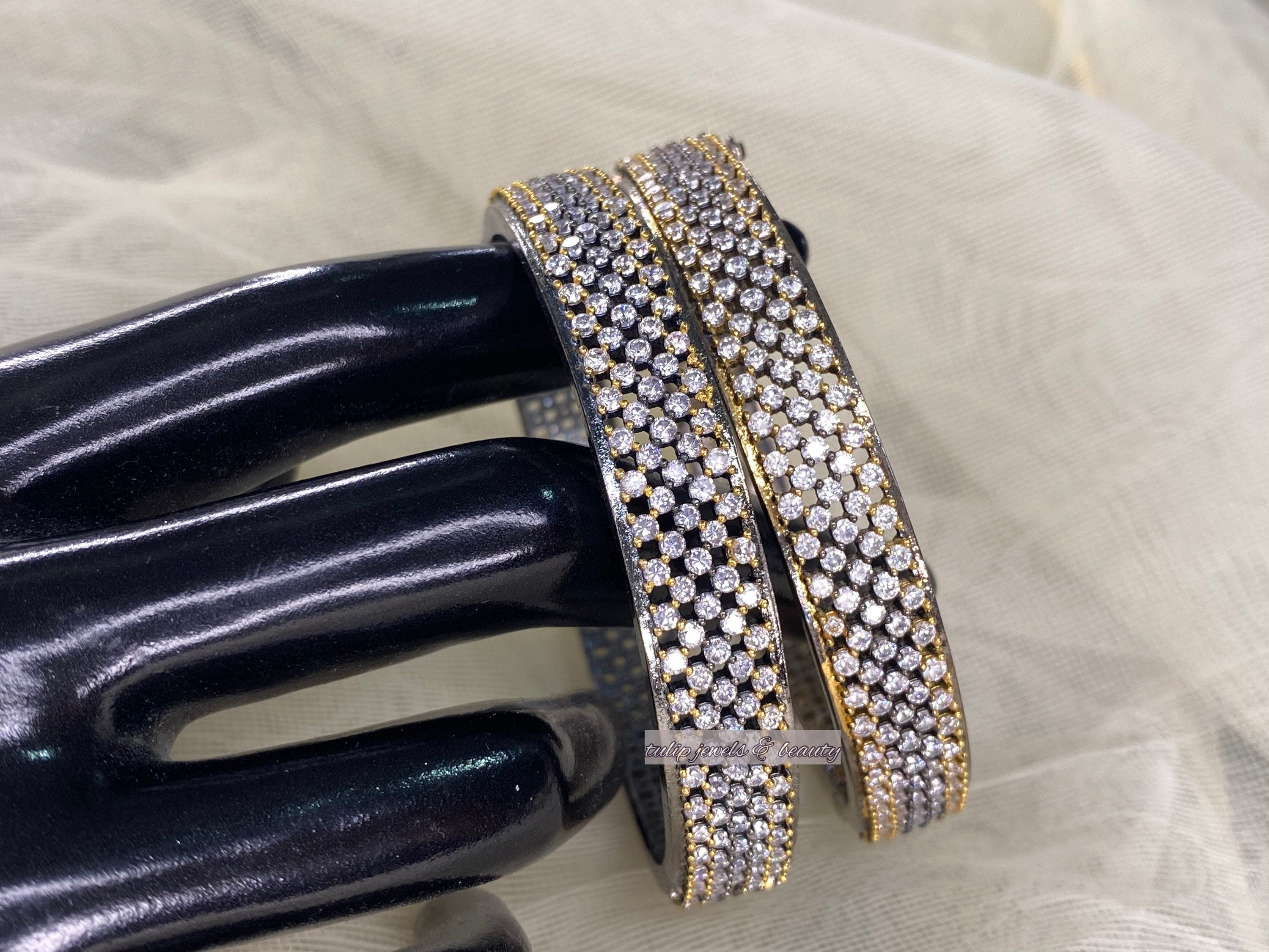 Victorian Style CZ Stone Bangles: Pakistani Indian Jewelry (Pair)