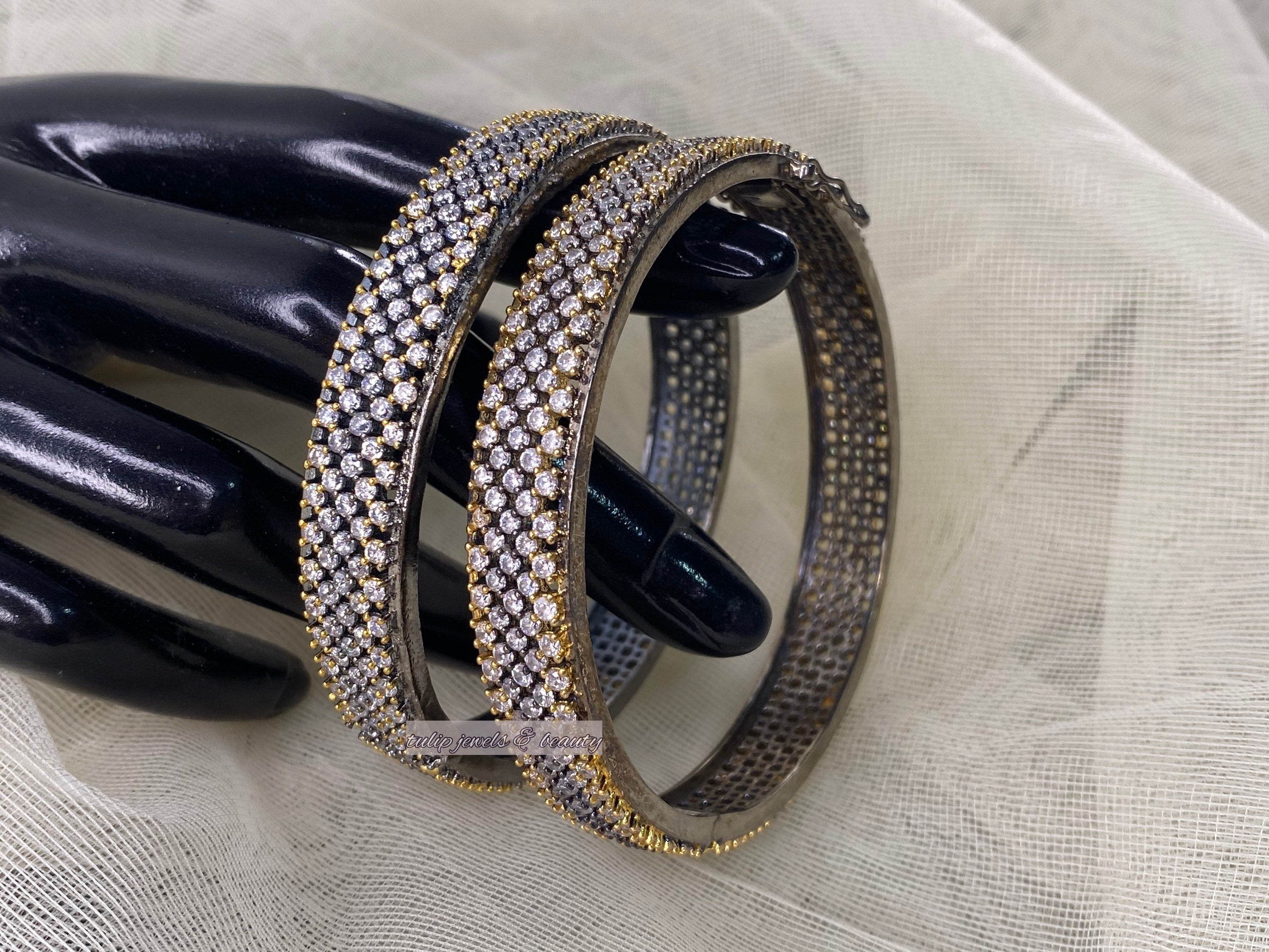 Victorian Style CZ Stone Bangles: Pakistani Indian Jewelry (Pair)
