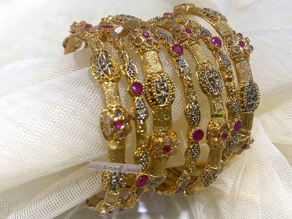 Gold Plated Indian Bangle Set: Ruby & Silver Tone Bollywood Jewelry