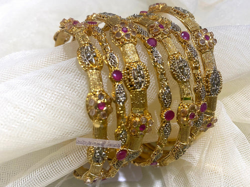 Gold Plated Indian Bangle Set: Ruby & Silver Tone Bollywood Jewelry