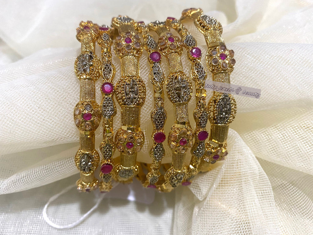 Gold Plated Indian Bangle Set: Ruby & Silver Tone Bollywood Jewelry
