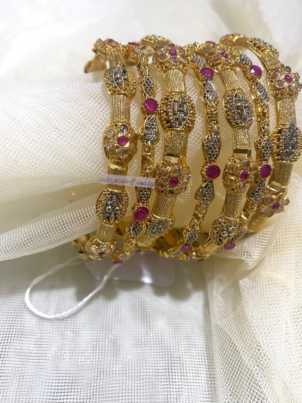 Gold Plated Indian Bangle Set: Ruby & Silver Tone Bollywood Jewelry