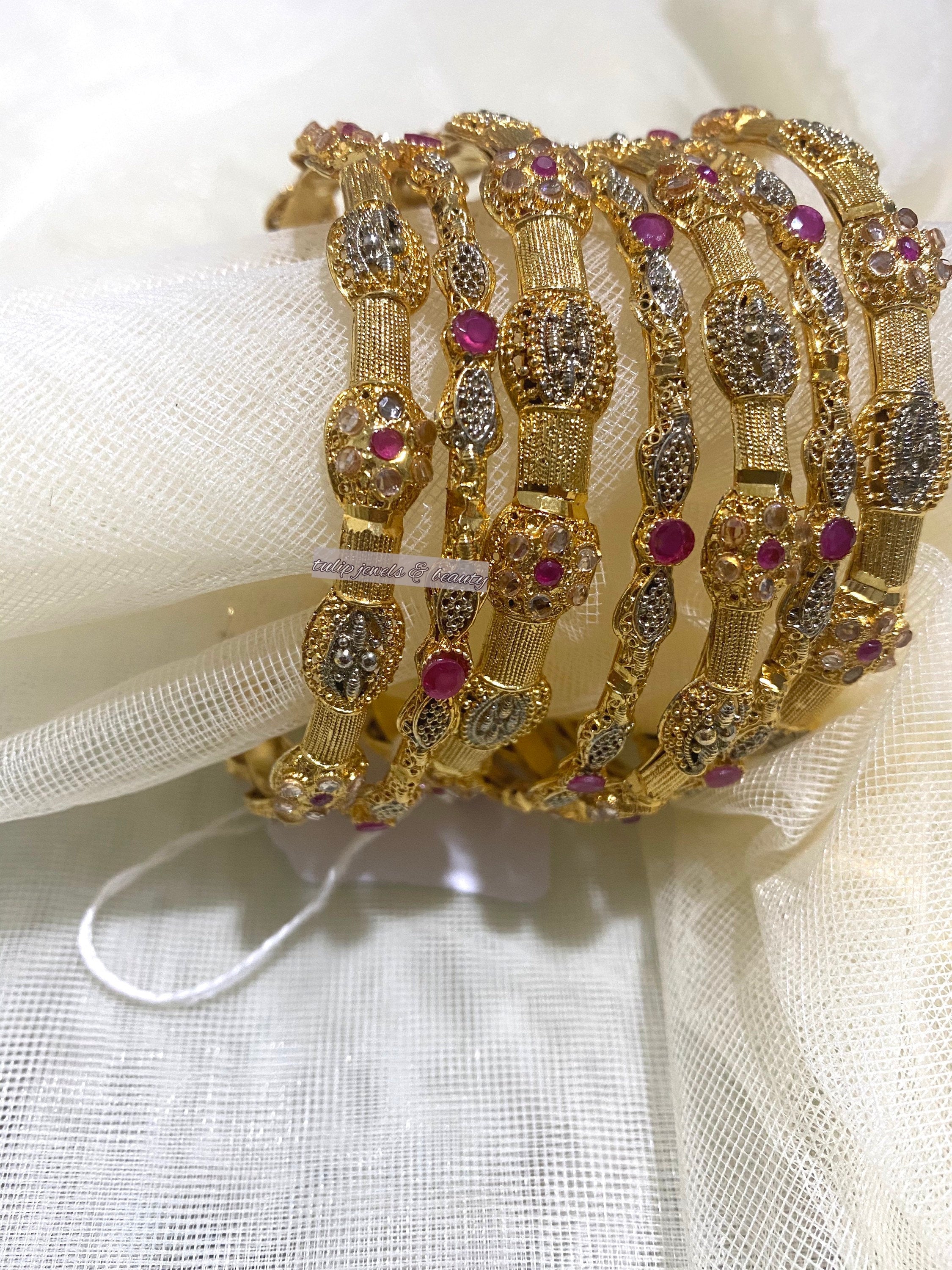 Gold Plated Indian Bangle Set: Ruby & Silver Tone Bollywood Jewelry