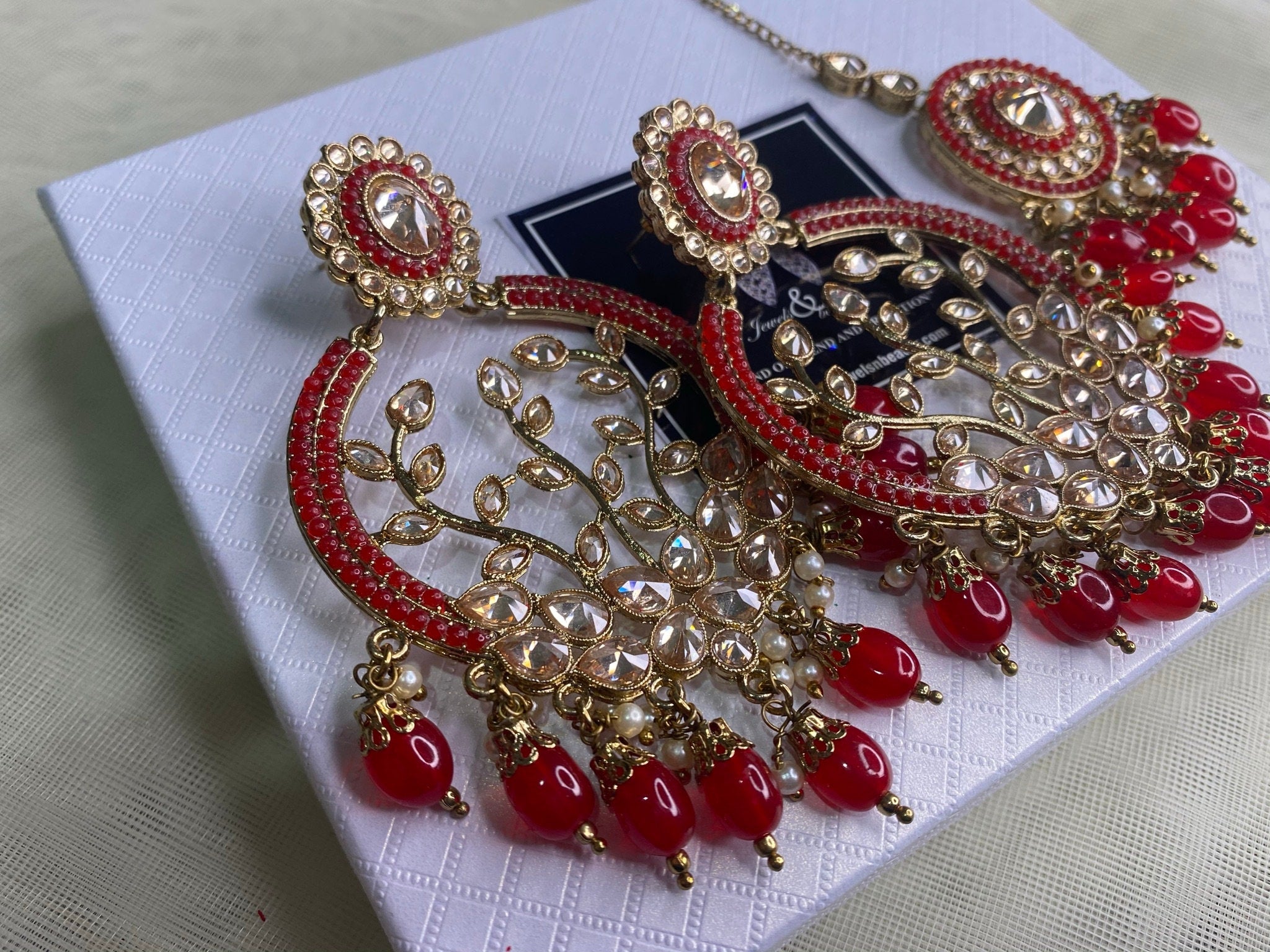 Red Polki Chandbali Earrings & Tikka Set: Indian Statement Jewelry