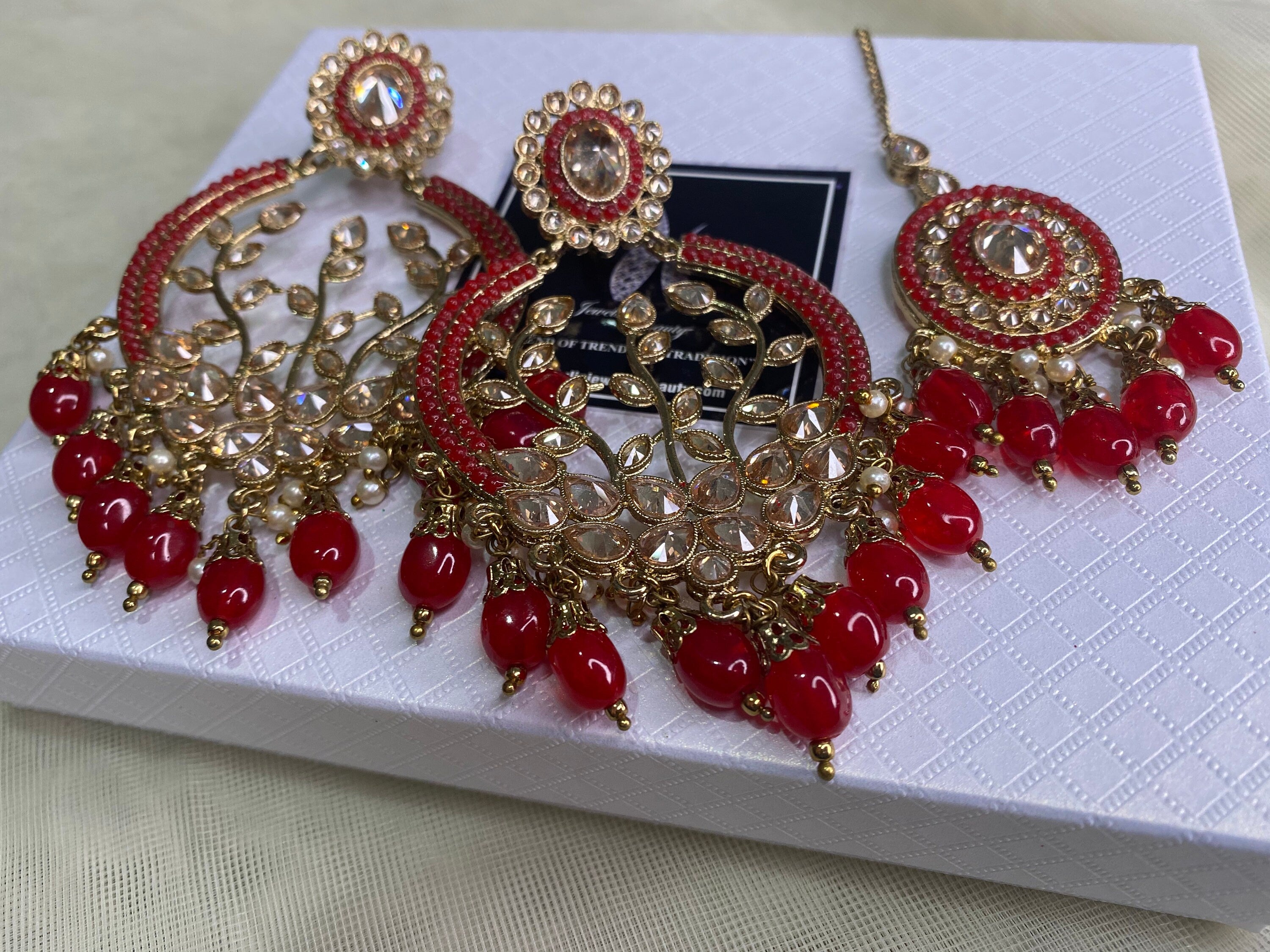 Red Polki Chandbali Earrings & Tikka Set: Indian Statement Jewelry