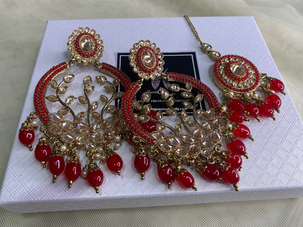 Red Polki Chandbali Earrings & Tikka Set: Indian Statement Jewelry