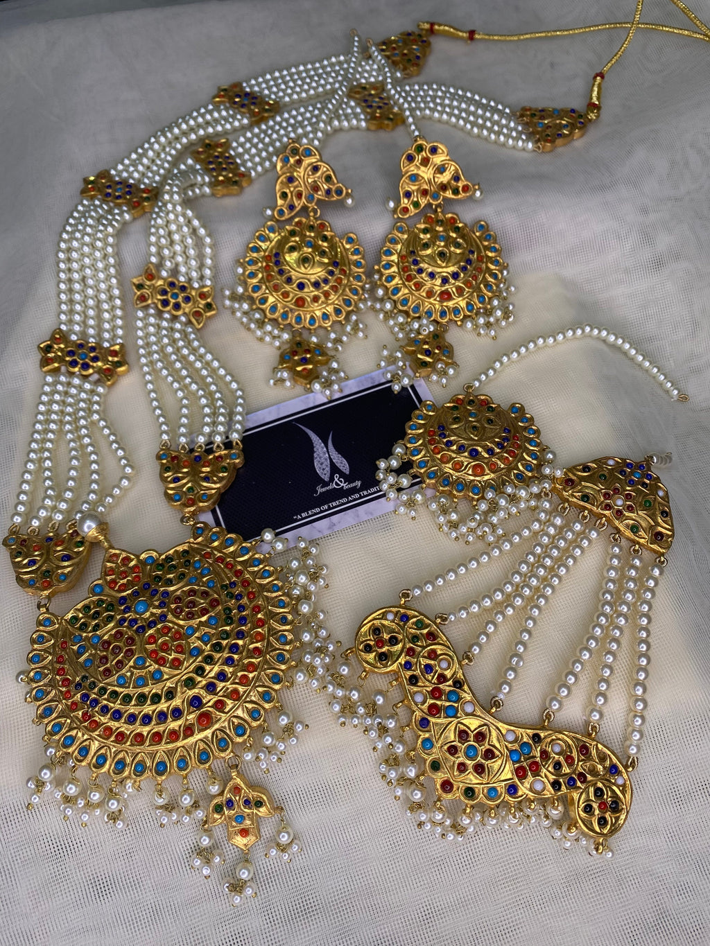 Kundan Gold Plated Rani Haar Set: Mughal Navratan Pearl Jewelry