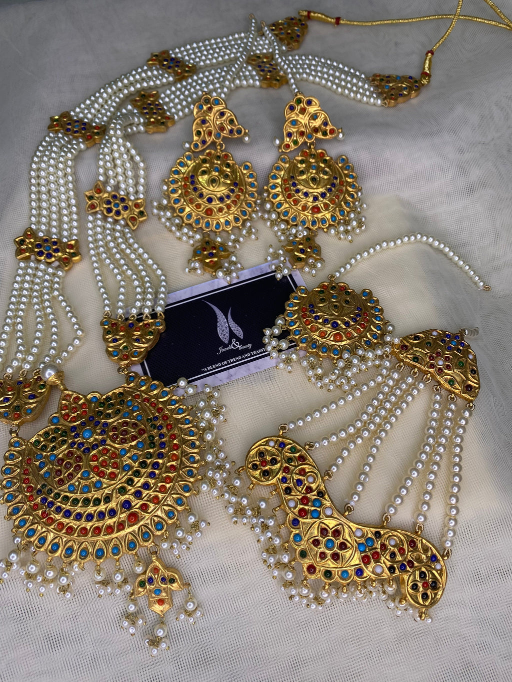 Kundan Gold Plated Rani Haar Set: Mughal Navratan Pearl Jewelry