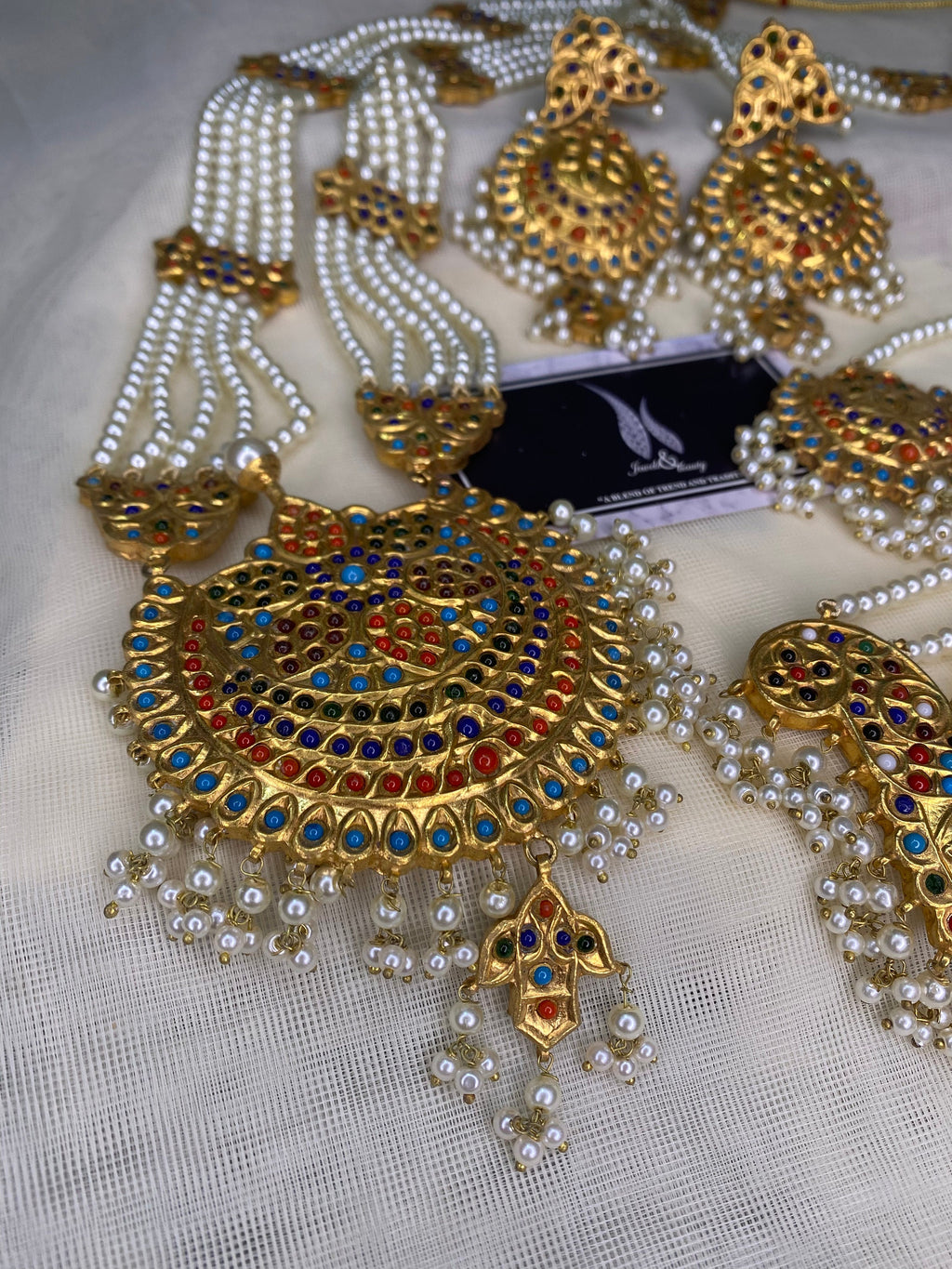 Kundan Gold Plated Rani Haar Set: Mughal Navratan Pearl Jewelry