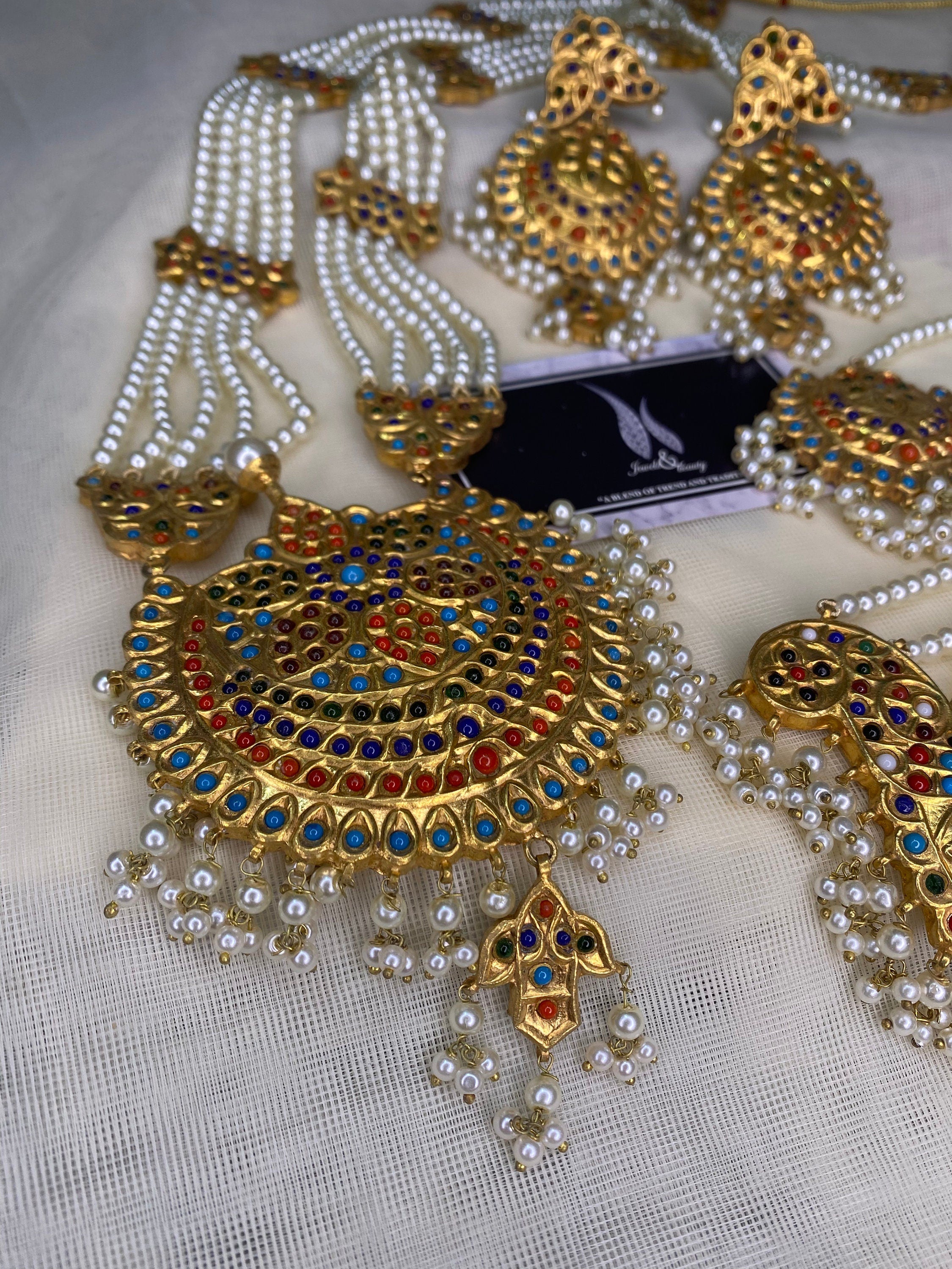 Kundan Gold Plated Rani Haar Set: Mughal Navratan Pearl Jewelry