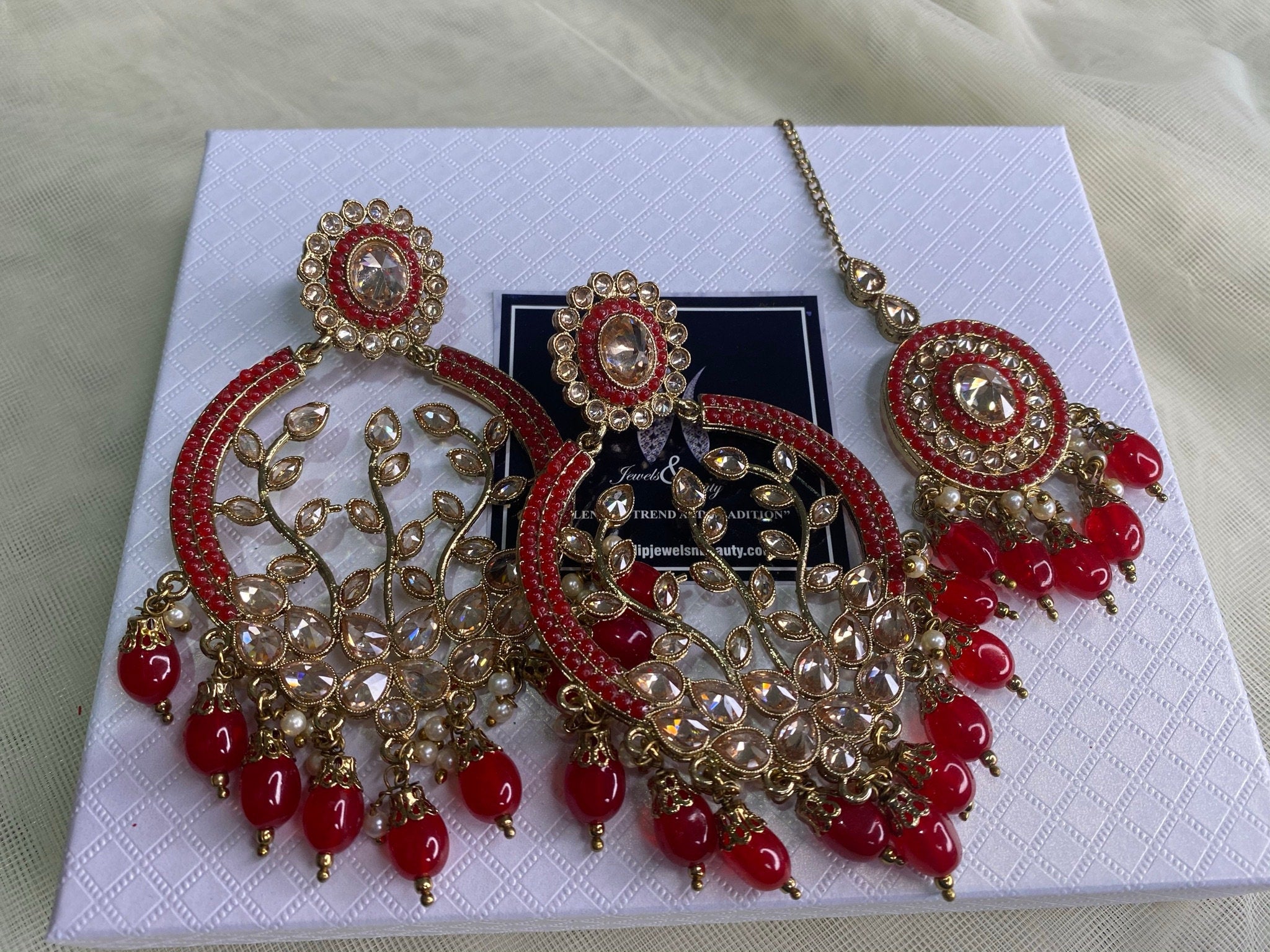 Red Polki Chandbali Earrings & Tikka Set: Indian Statement Jewelry