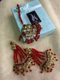 Red Crystal Indian Jewelry: Gold Plated Jhummar Earrings & Tikka Set