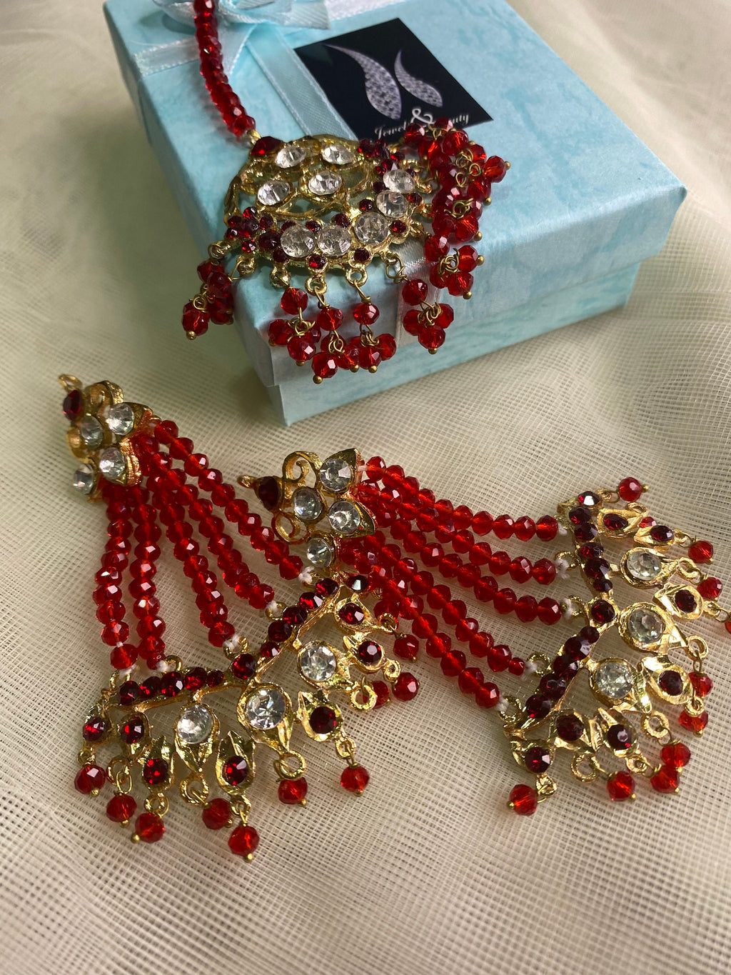 Red Crystal Indian Jewelry: Gold Plated Jhummar Earrings & Tikka Set