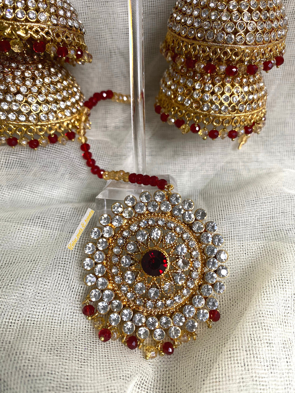 Statement Jhumki Earring Tikka Set: Maroon Indian Jewelry