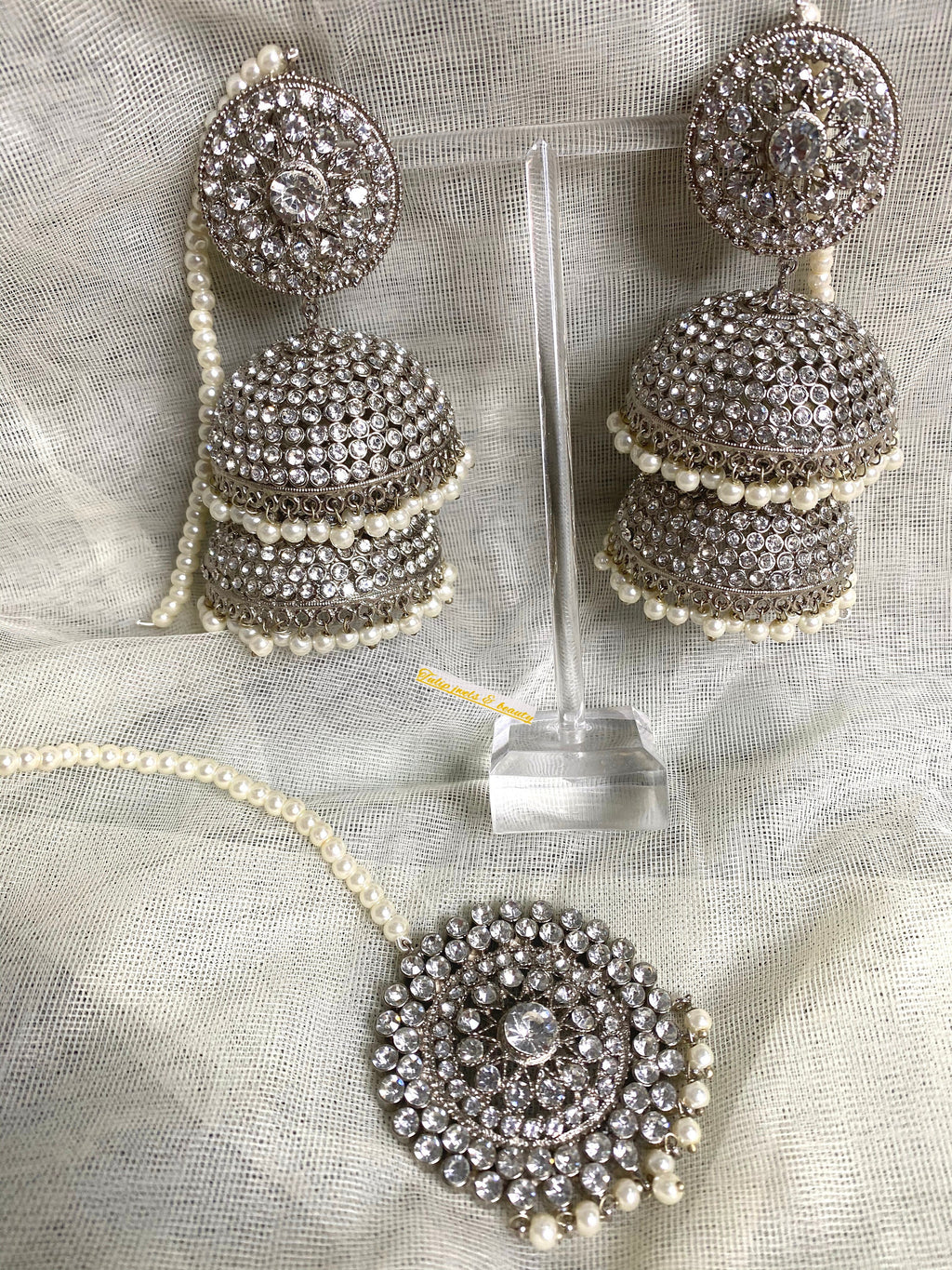 Statement Jhumki Earring Tikka Set: Indian Silver Plated Jewelry