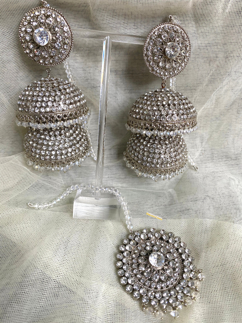 Statement Jhumki Earring and Tikka Set: Indian Silver Jewelry
