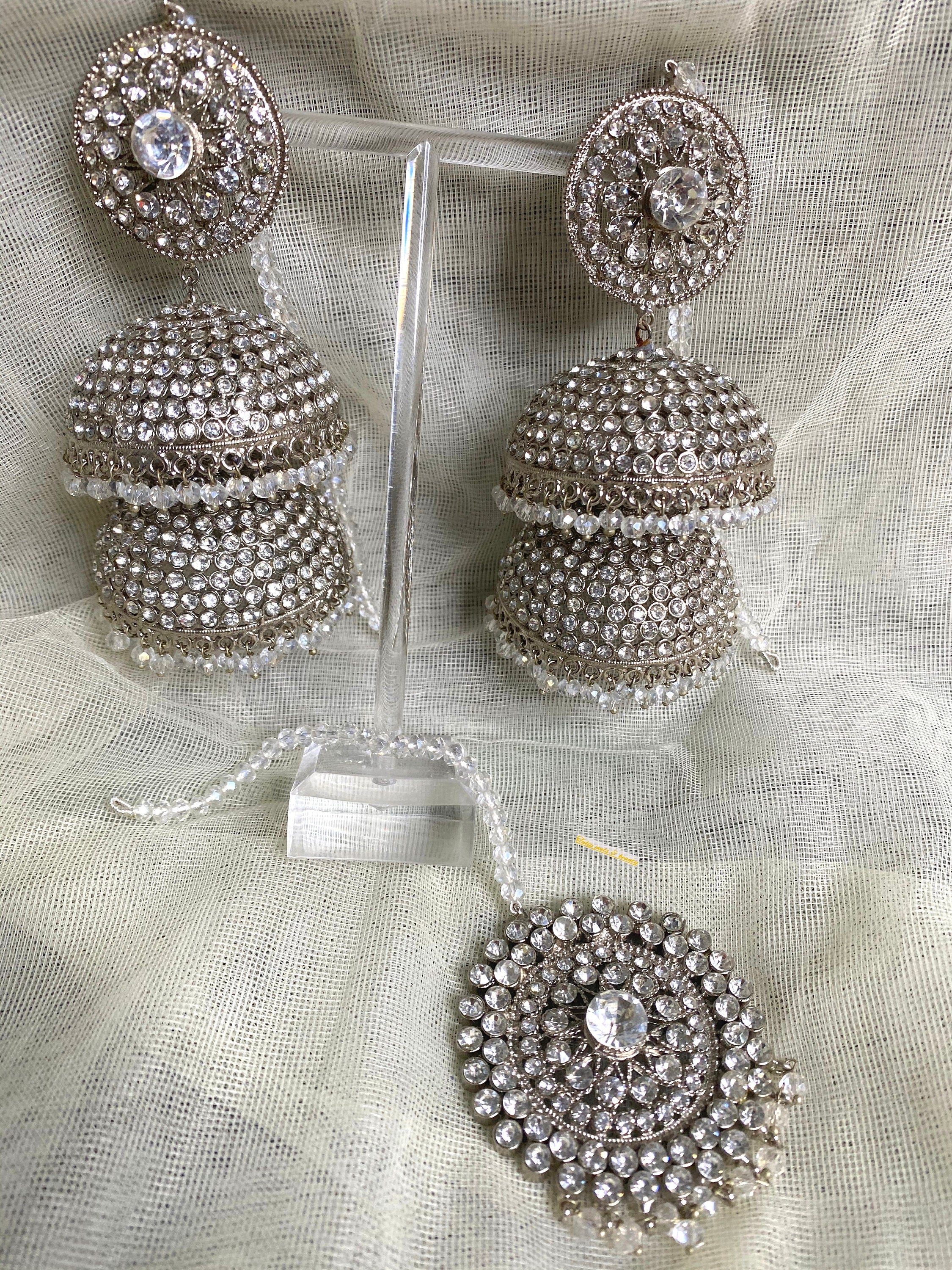 Statement Jhumki Earring and Tikka Set: Indian Silver Jewelry